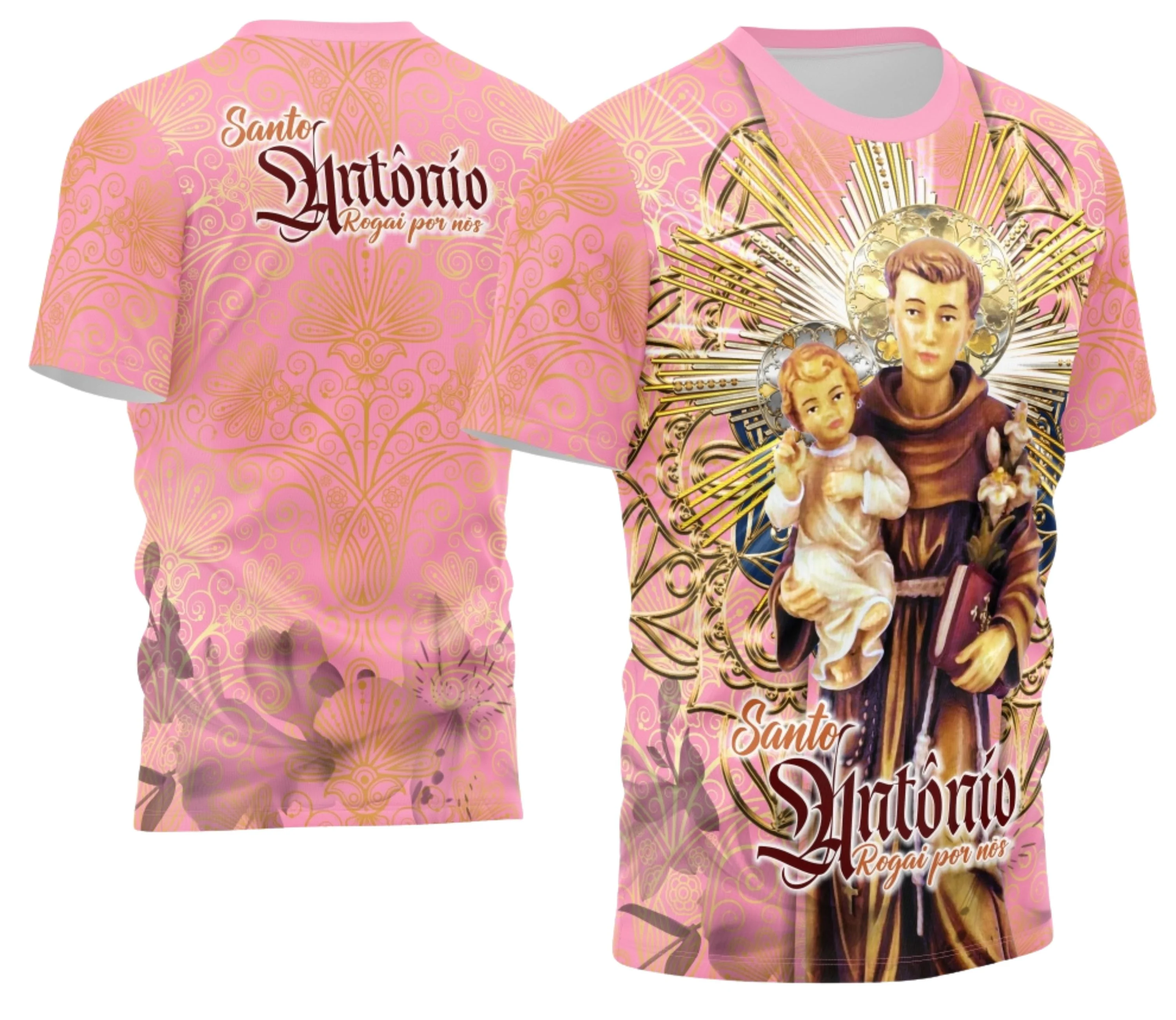 Camiseta unissex preta com logo no peito e estampa grande nas costas com tema Devocional Santo Antônio 2026, ideal para uso casual e religioso.