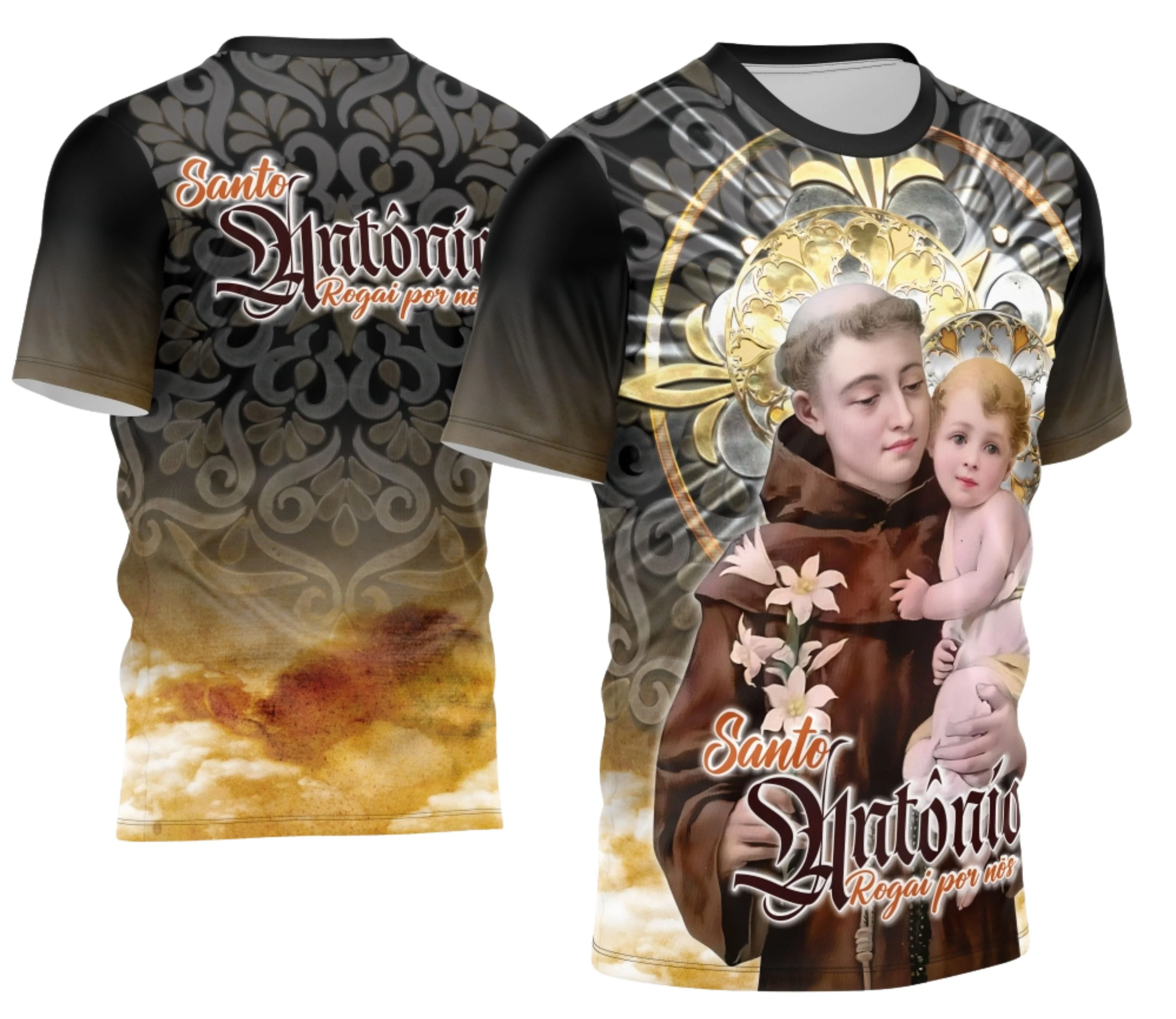 Camiseta unissex branca com logo no peito e estampa grande nas costas, tema Devocional Santo Antônio 2026, ideal para quem busca fé e estilo.