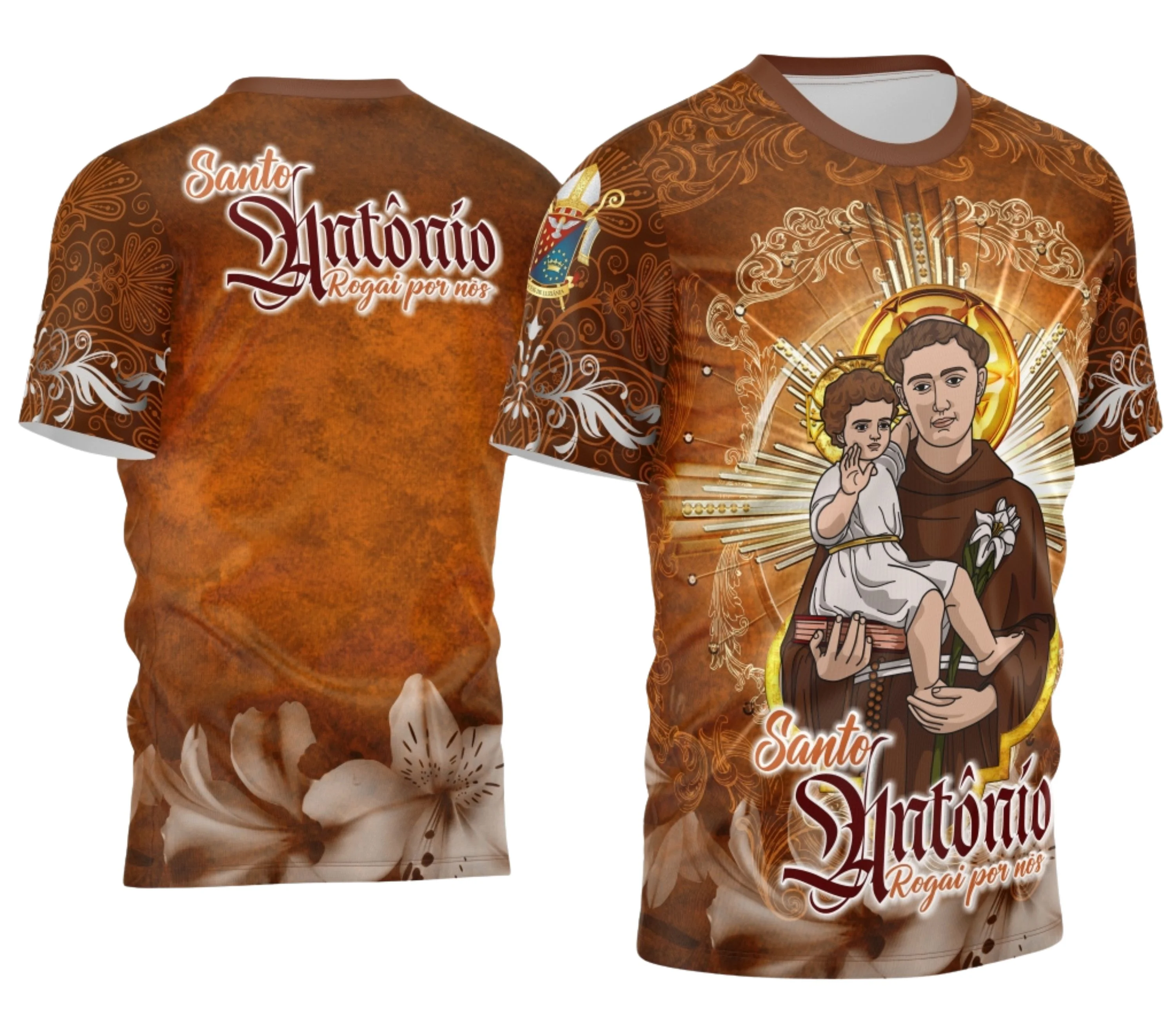 Camiseta unissex preta com logo no peito e estampa grande nas costas com tema Devocional Santo Antônio 2026, perfeita para quem busca estilo e fé em uma peça confortável.