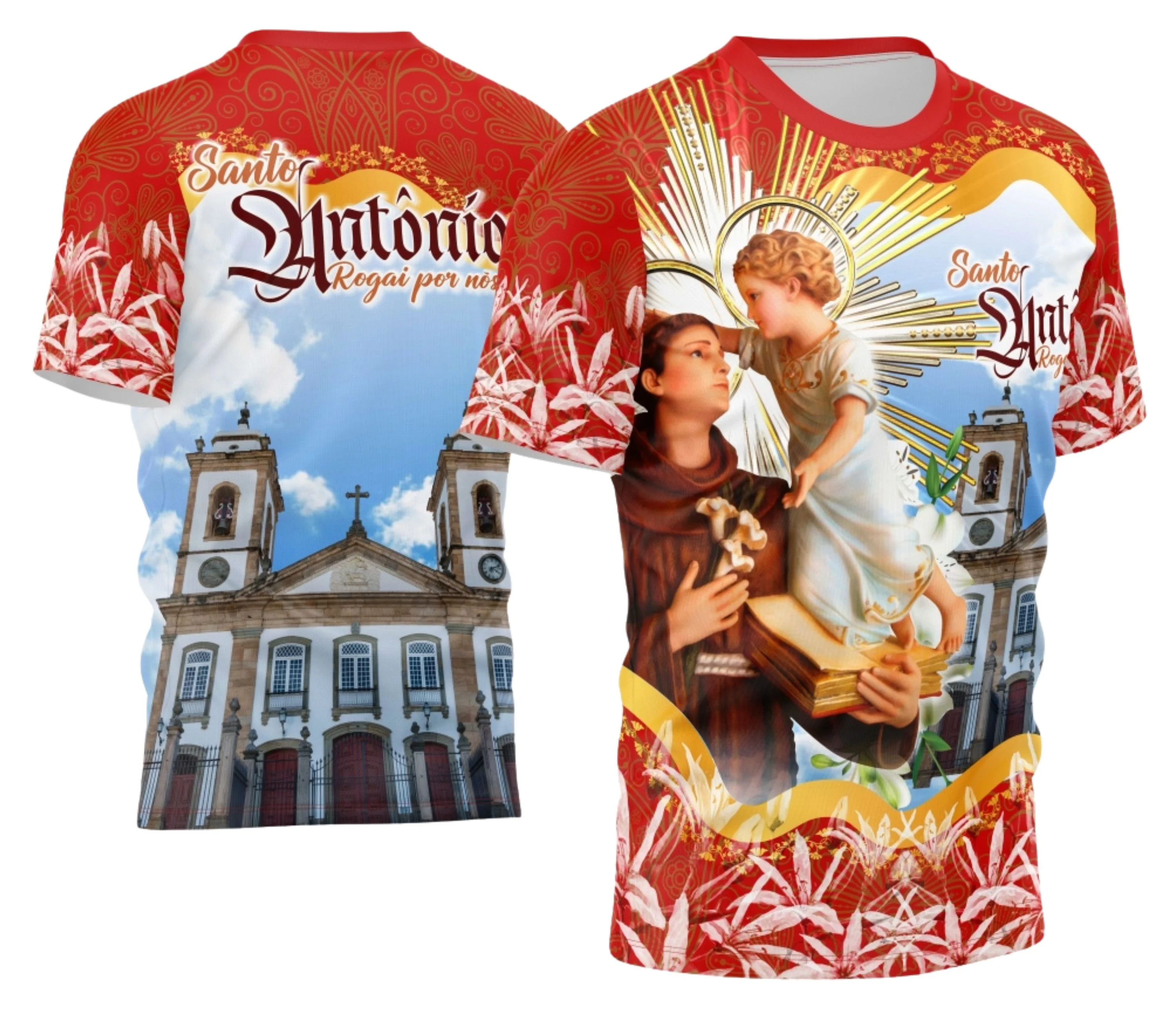 Camisa com logo no peito e estampa grande nas costas apresentando a imagem de Santo Antônio em estilo artístico e religioso, com cores vibrantes e detalhes que destacam a fé e devoção.