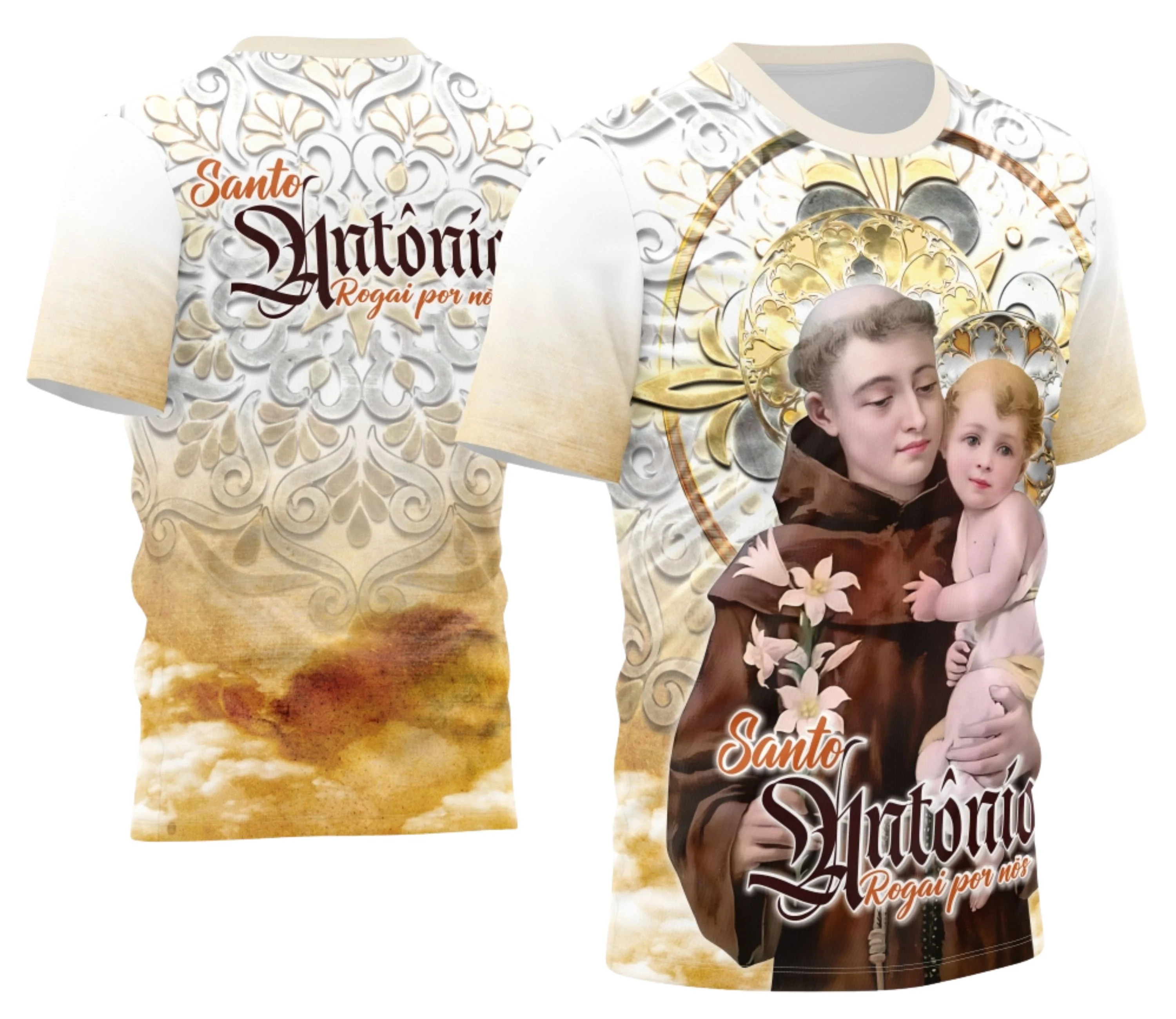 Camiseta unissex preta com logo no peito e estampa grande nas costas do tema Devocional Santo Antônio 2026, ideal para expressar fé e estilo em qualquer ocasião.