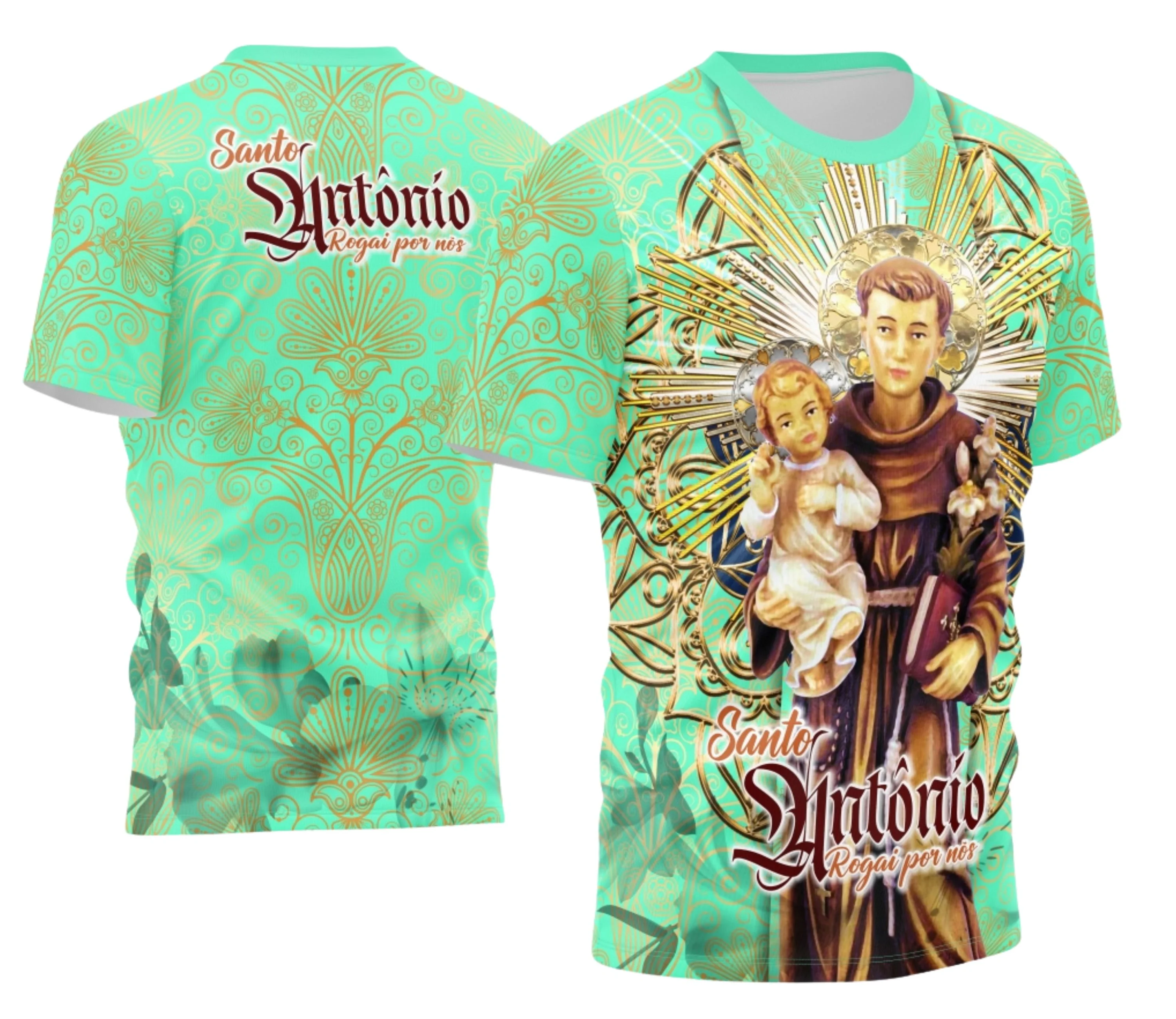 Camiseta unissex branca com logo no peito e estampa grande nas costas com o tema Devoto Santo Antônio 2026, estilo moderno e religioso, perfeita para uso casual e eventos religiosos.