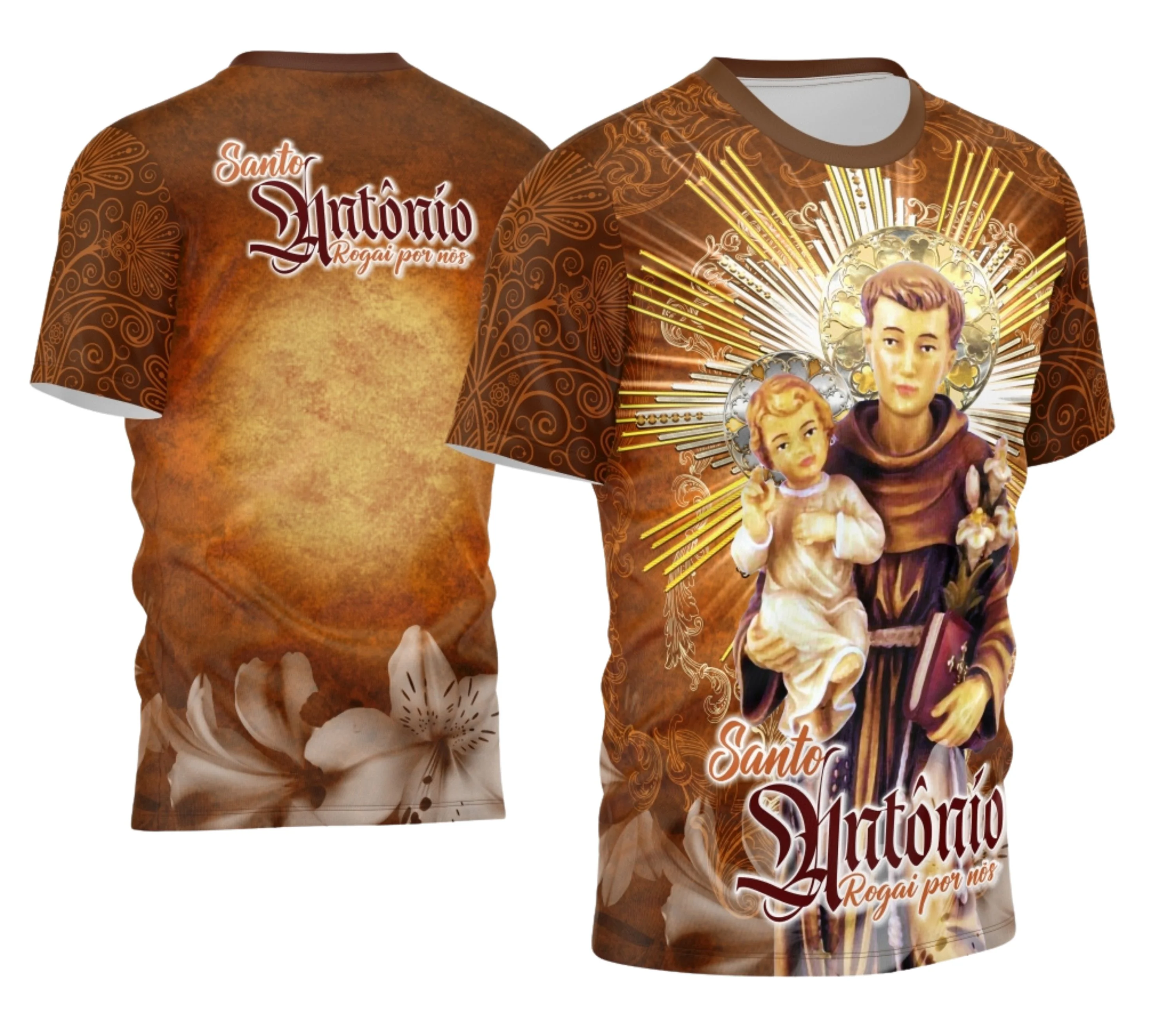 Camiseta unissex preta com logo no peito e estampa grande nas costas, tema Devocional Santo Antônio 2026, visual moderno e religioso ideal para uso casual e eventos religiosos.