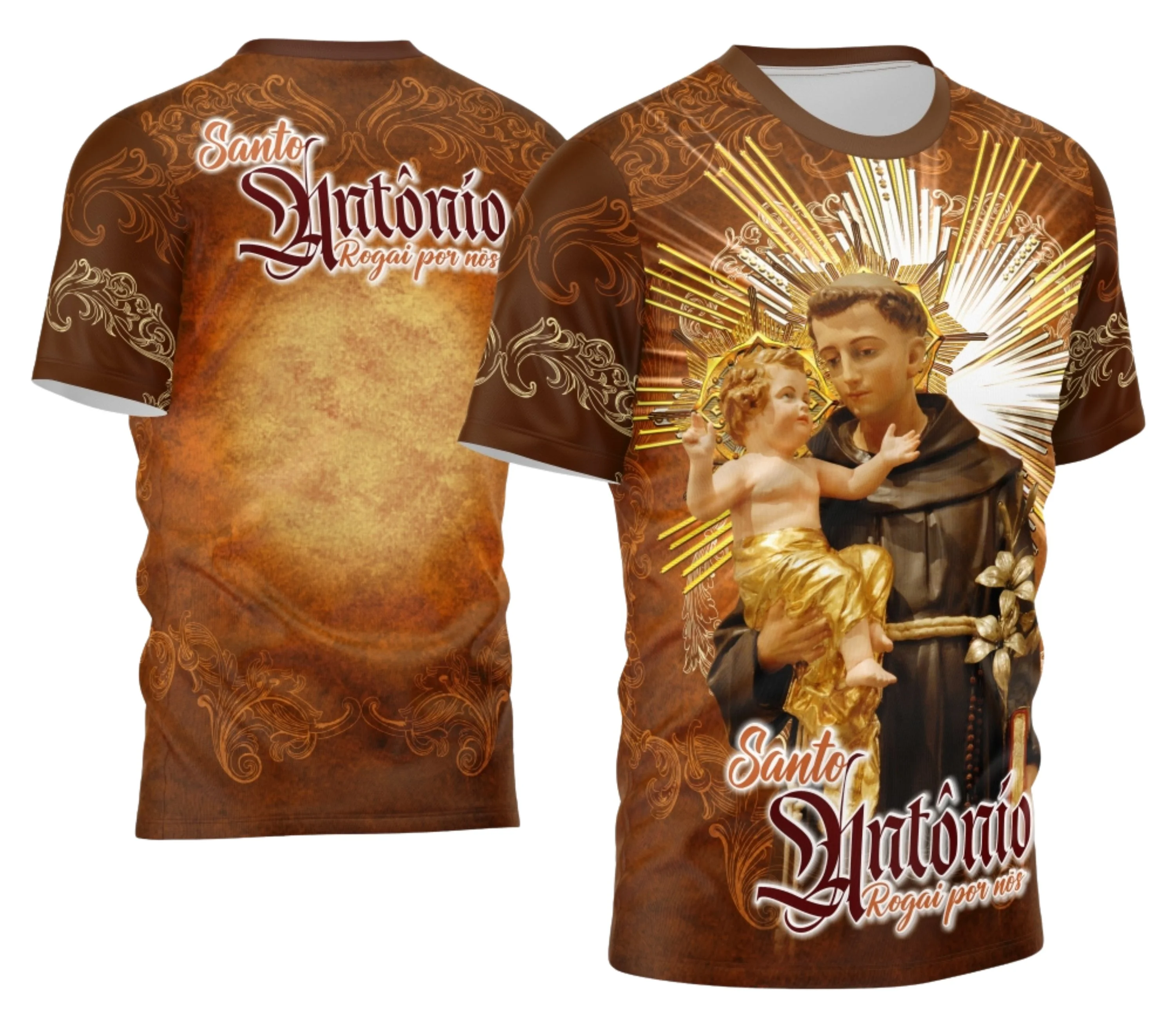 Camiseta unissex branca com logo no peito e estampa grande nas costas do tema Santo Antônio 2026, ideal para uso devocional com estilo moderno e confortável.
