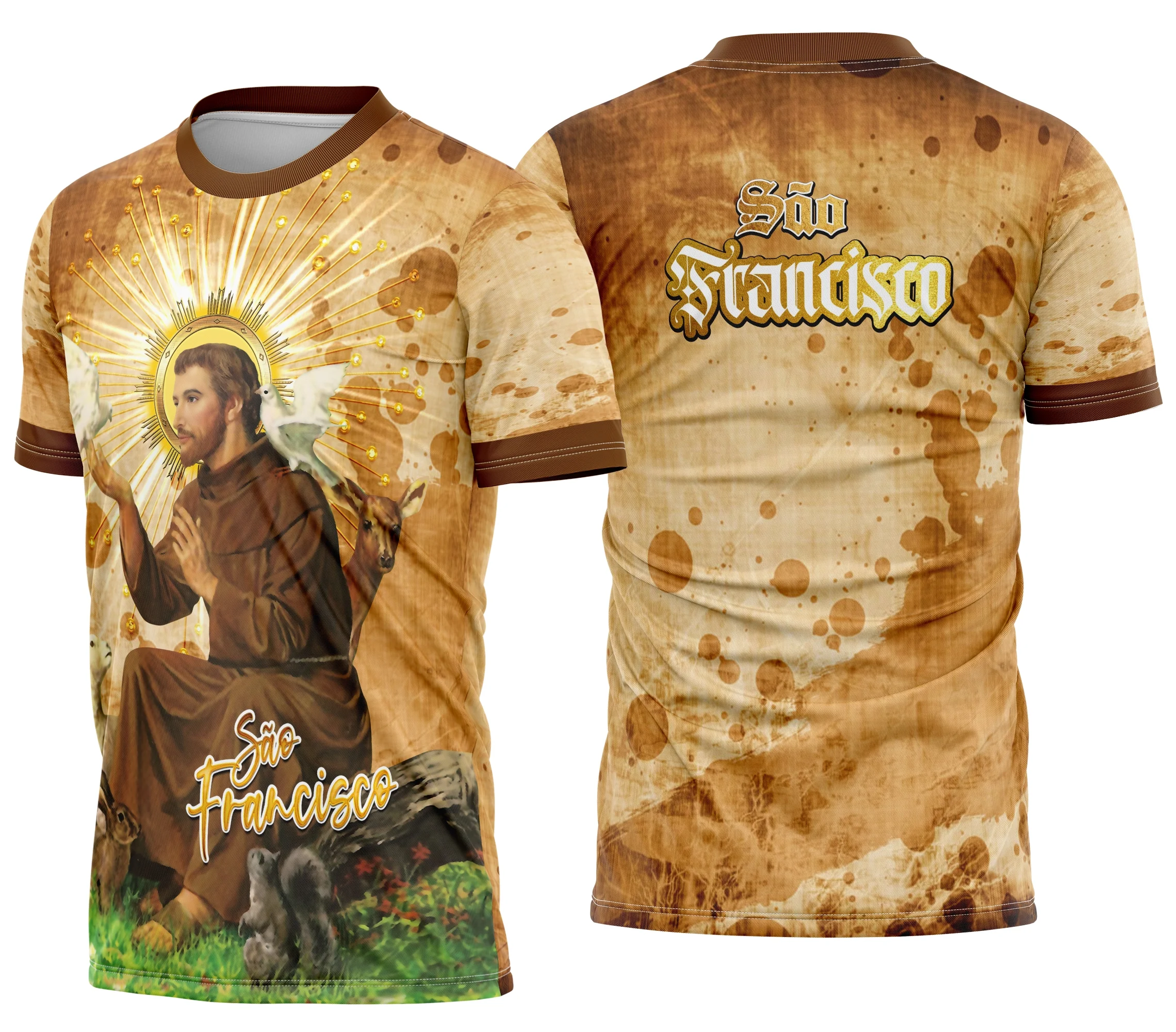Camiseta unissex preta com logo no peito e estampa grande nas costas da São Francisco de Assis 2026, design moderno e estilo único para quem busca fé e atitude no visual.