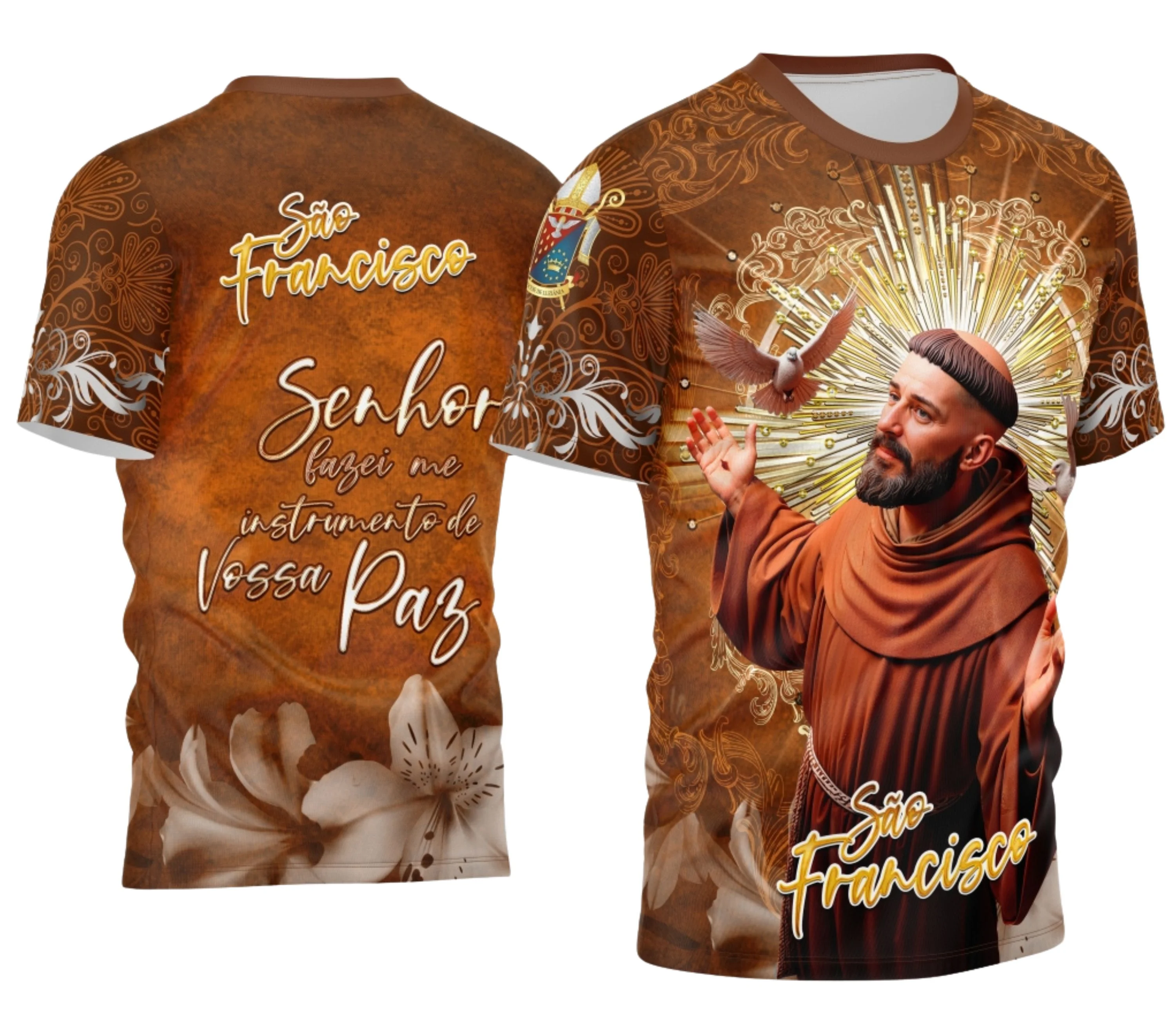 Camisa com logo no peito apresentando delicado desenho de São Francisco de Assis e estampa grande nas costas ilustrando o santo em postura de paz e natureza ao redor