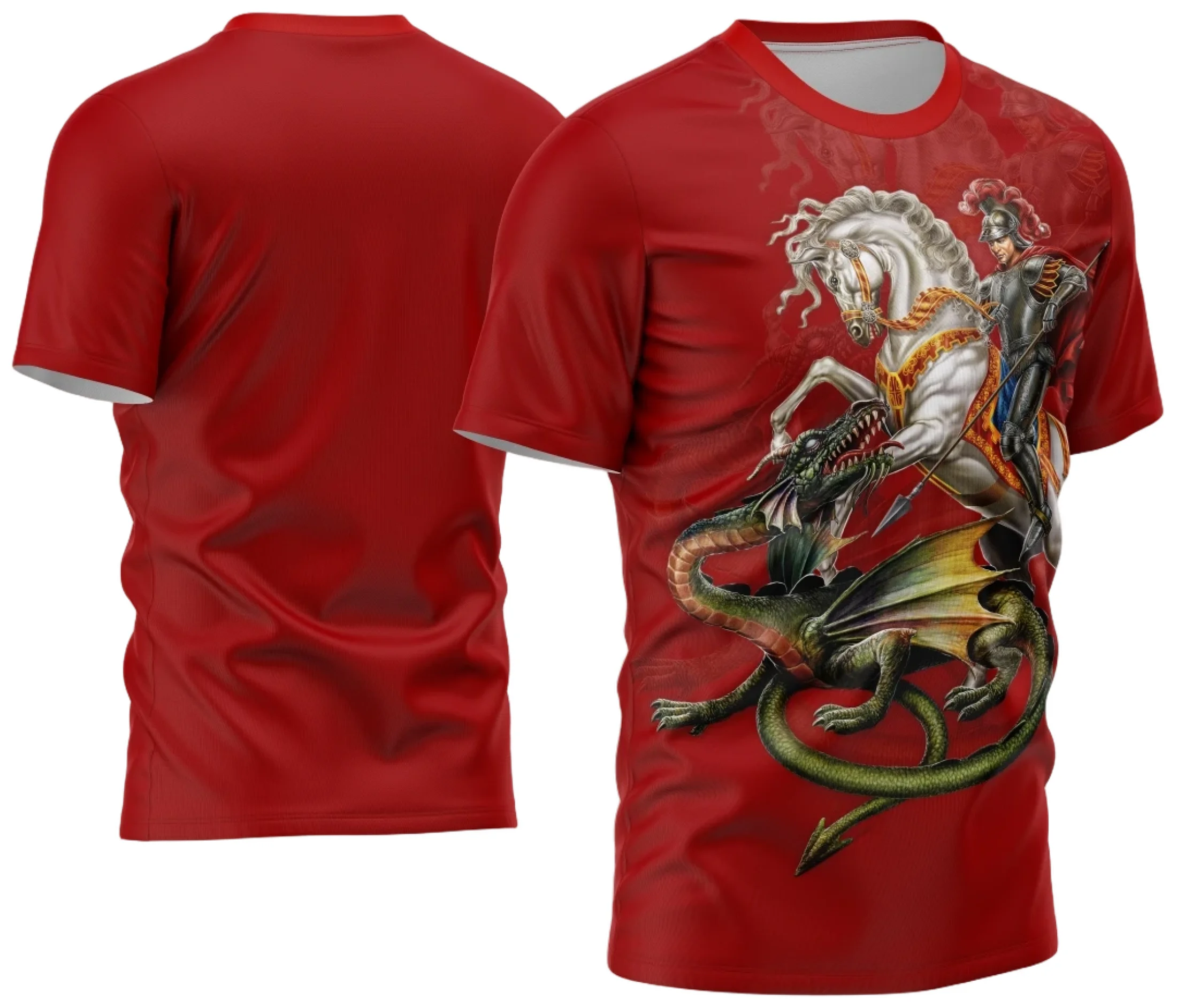 A imagem apresenta a Arte Camisa São Jorge Vermelha, com a figura de São Jorge em destaque, segurando uma espada e um escudo, em um fundo vermelho vibrante.