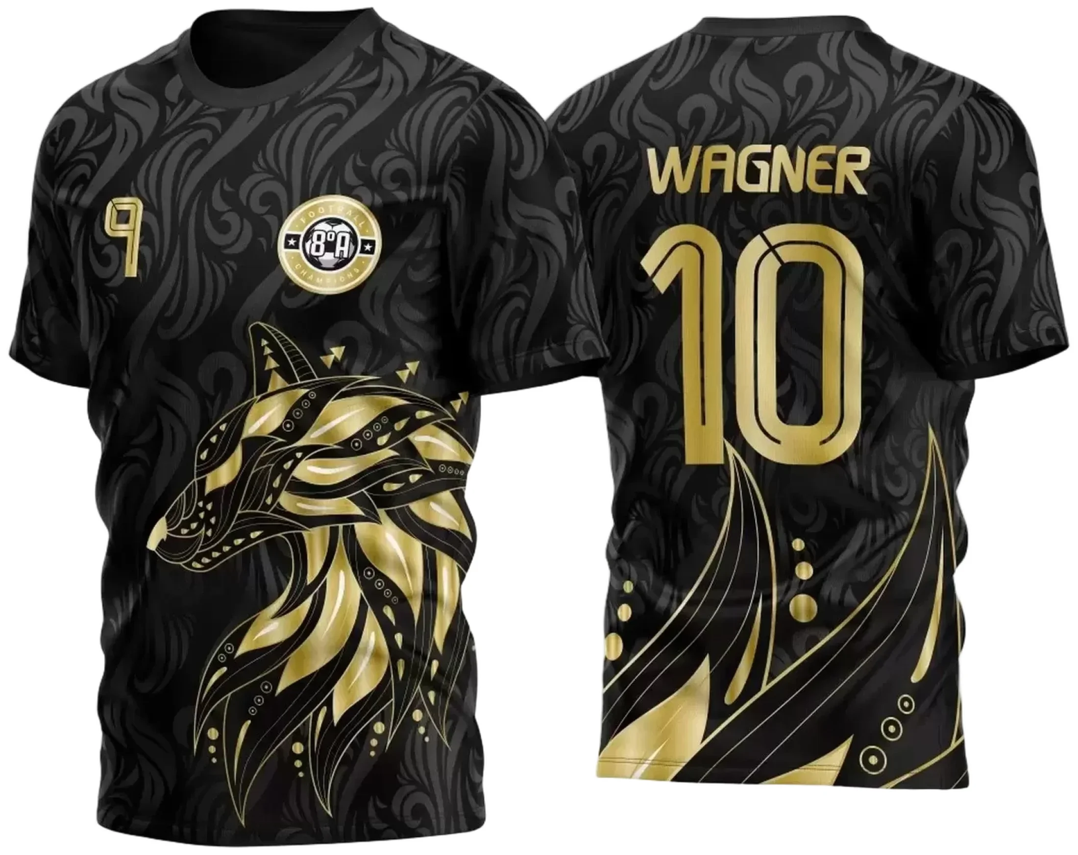 Camiseta unissex preta com logo no peito e estampa grande nas costas mostrando um fox preto estilizado para 2024, ideal para quem gosta de um visual moderno e diferenciado.