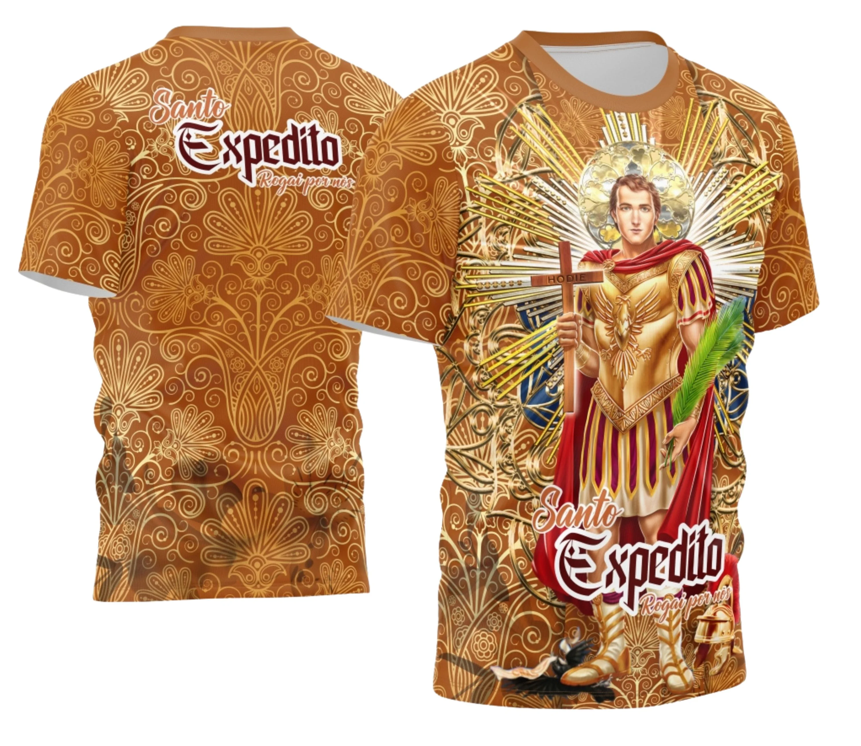 Camisa com logo no peito e estampa grande nas costas mostrando a imagem de Santo Expedito, estilo religioso com detalhes vibrantes que destacam a fé e inspiração para 2026.