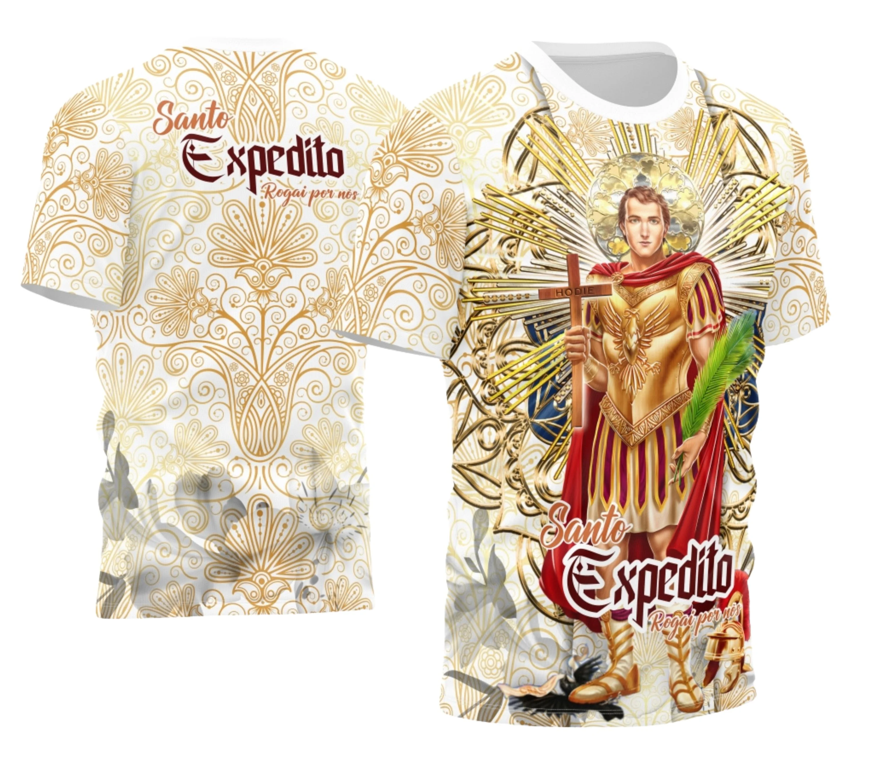 Camisa com logo no peito e estampa grande nas costas ilustrando Santo Expedito com elementos religiosos em destaque, design moderno e vibrante que chama atenção por sua originalidade e estilo.