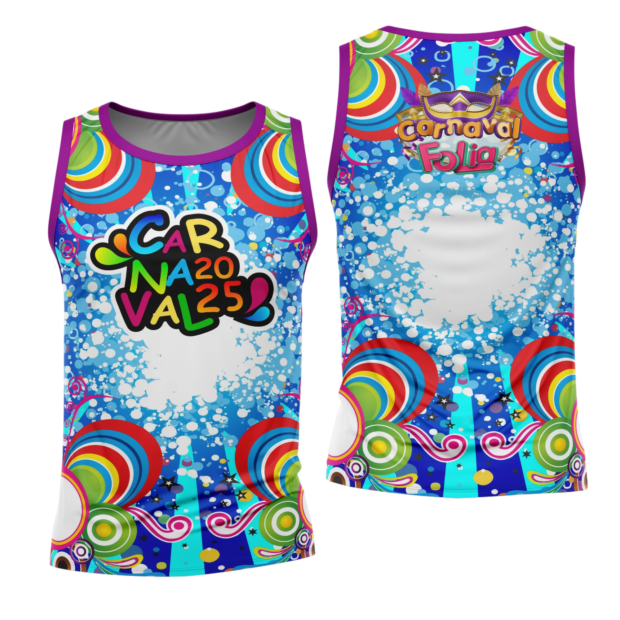 Camiseta unissex branca com logo no peito e estampa grande nas costas com tema Abadá de Carnaval 2026, modelo 05 moderno e vibrante.