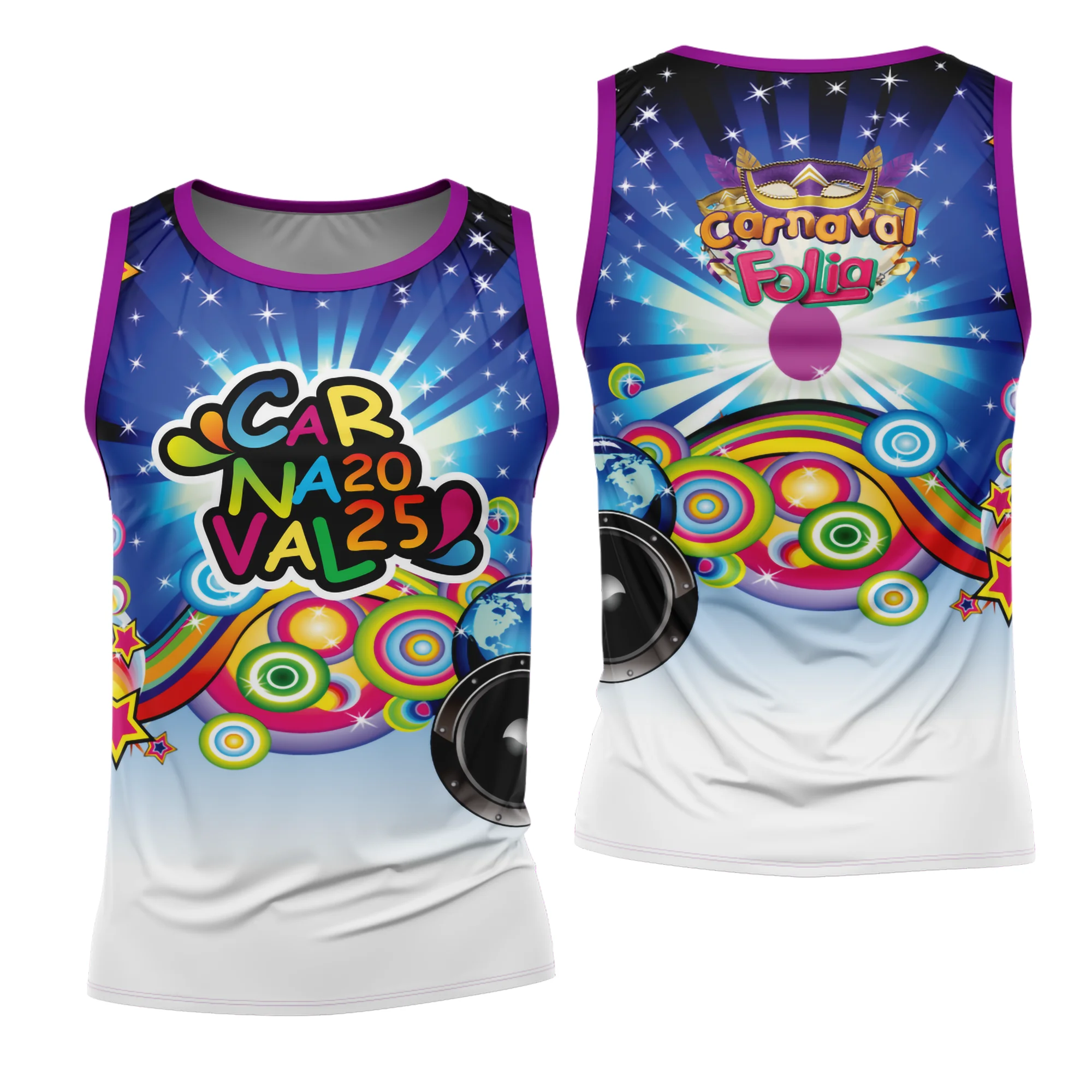 Camiseta unissex branca com logo no peito e estampa grande nas costas, temática Abadá de Carnaval 2026 Modelo 08, ideal para festa e bloco, visual moderno e vibrante.