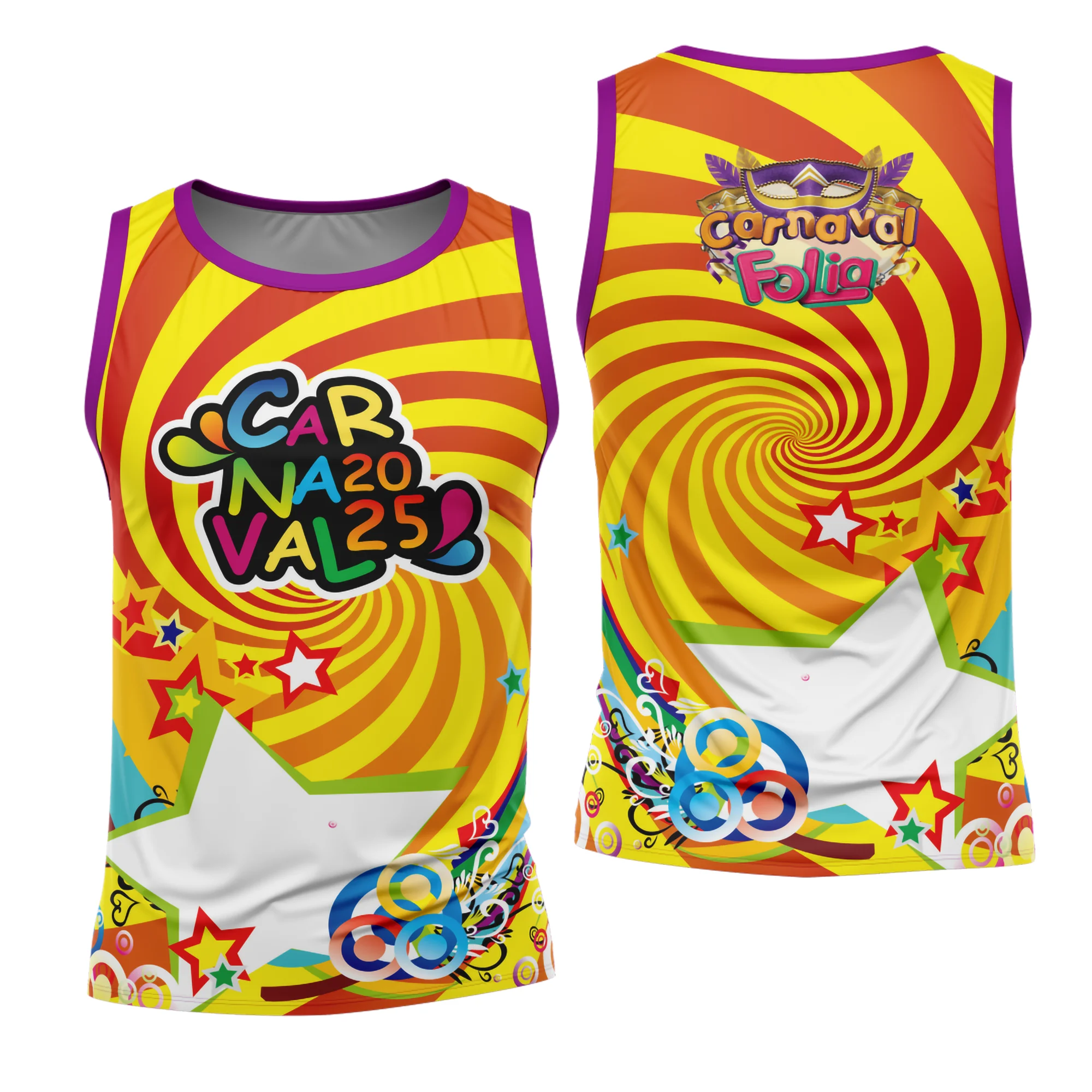 Camiseta unissex branca com logo no peito e estampa grande nas costas com tema Abadá Carnaval 2026 modelo 10, perfeita para curtir a festa com estilo e conforto.