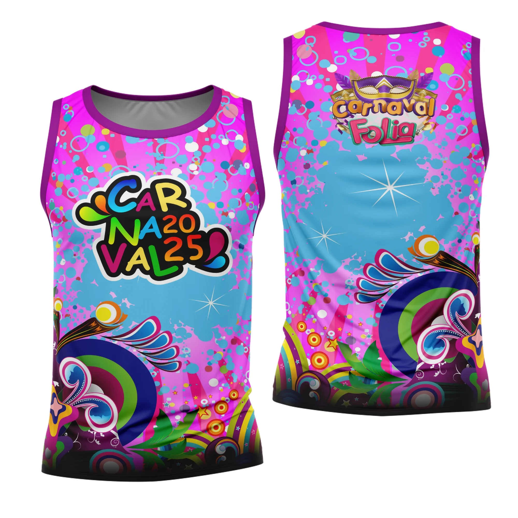 Camiseta unissex na cor branca com logo no peito e uma estampa grande nas costas inspirada no Carnaval 2026, modelo 20, ideal para curtir a folia com estilo e conforto.