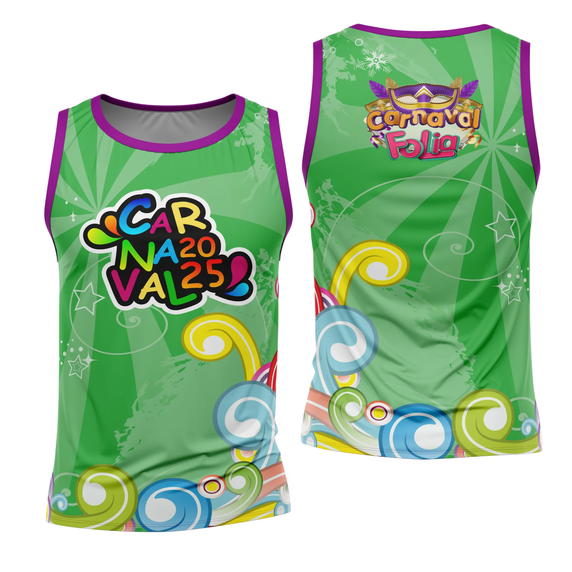 Camiseta unissex branca com logo no peito e estampa grande nas costas, tema Abadá de Carnaval 2026 Modelo 24, design vibrante e moderno perfeito para a festa.