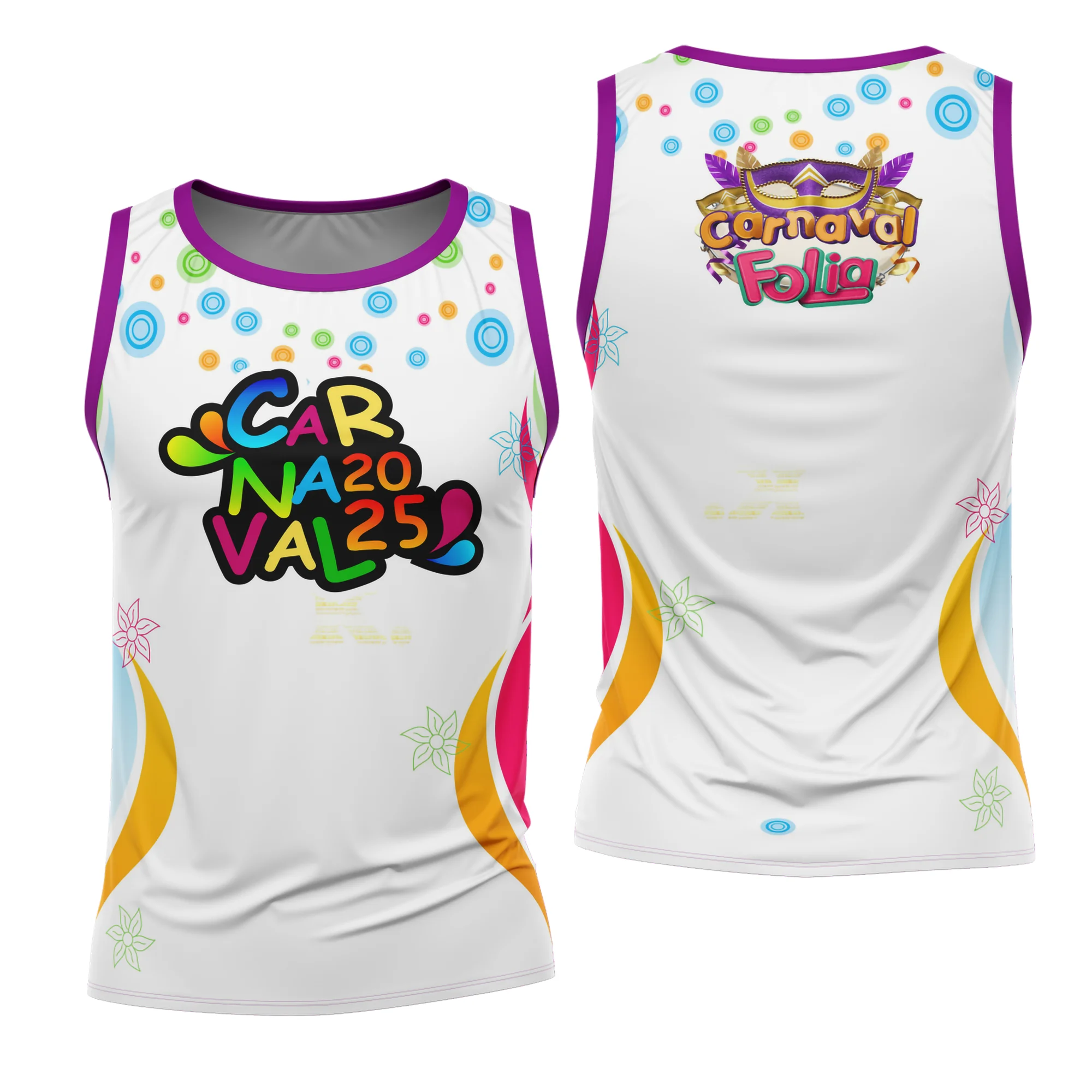 Camiseta unissex branca com logo no peito e estampa grande nas costas relacionada ao Abadá do Carnaval 2026, modelo 25, perfeita para celebrar com estilo e conforto.