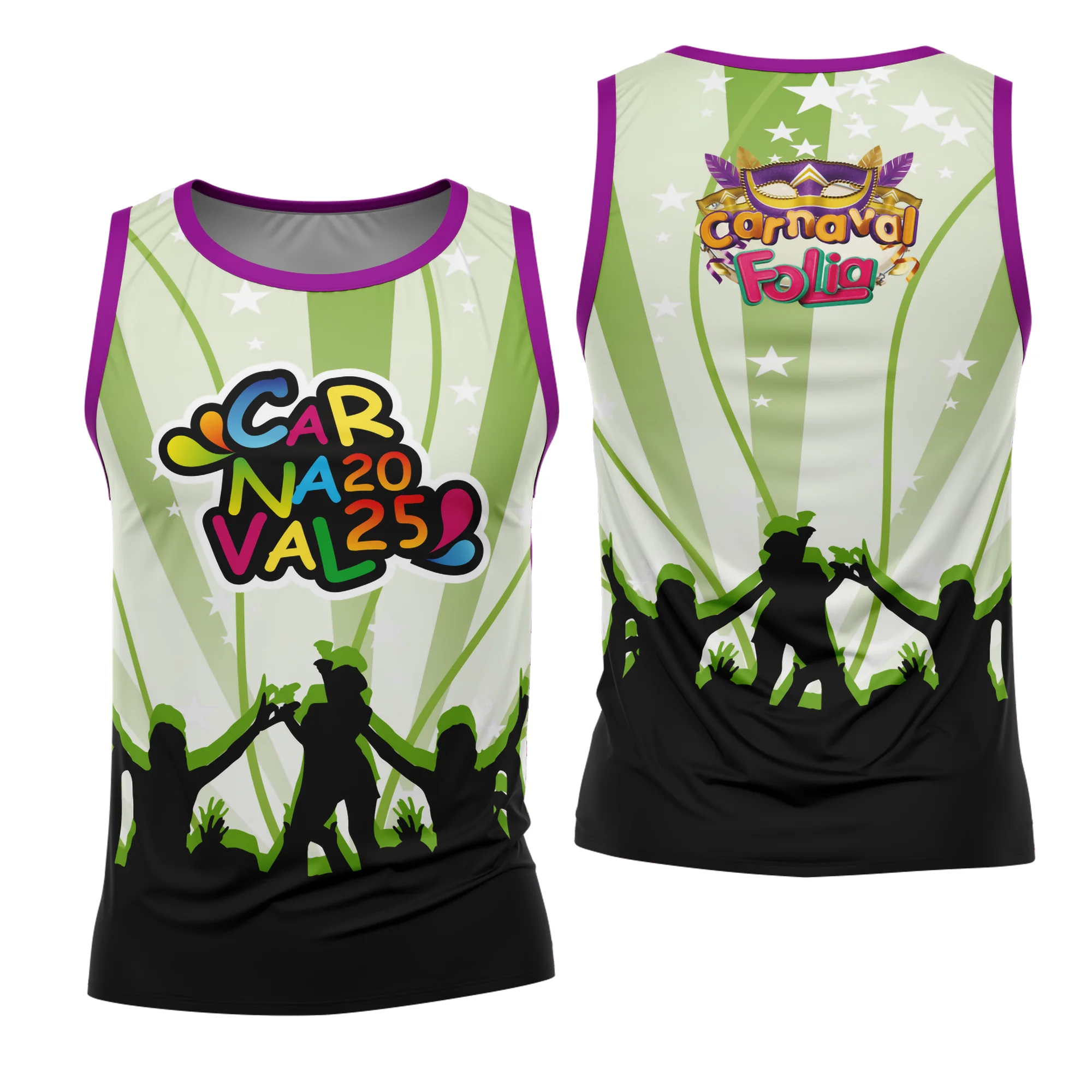 Camiseta unissex branca com logo no peito e estampa grande nas costas inspirada no Carnaval 2026, destaque para as cores vibrantes e design alegre, ideal para festa e bloco.