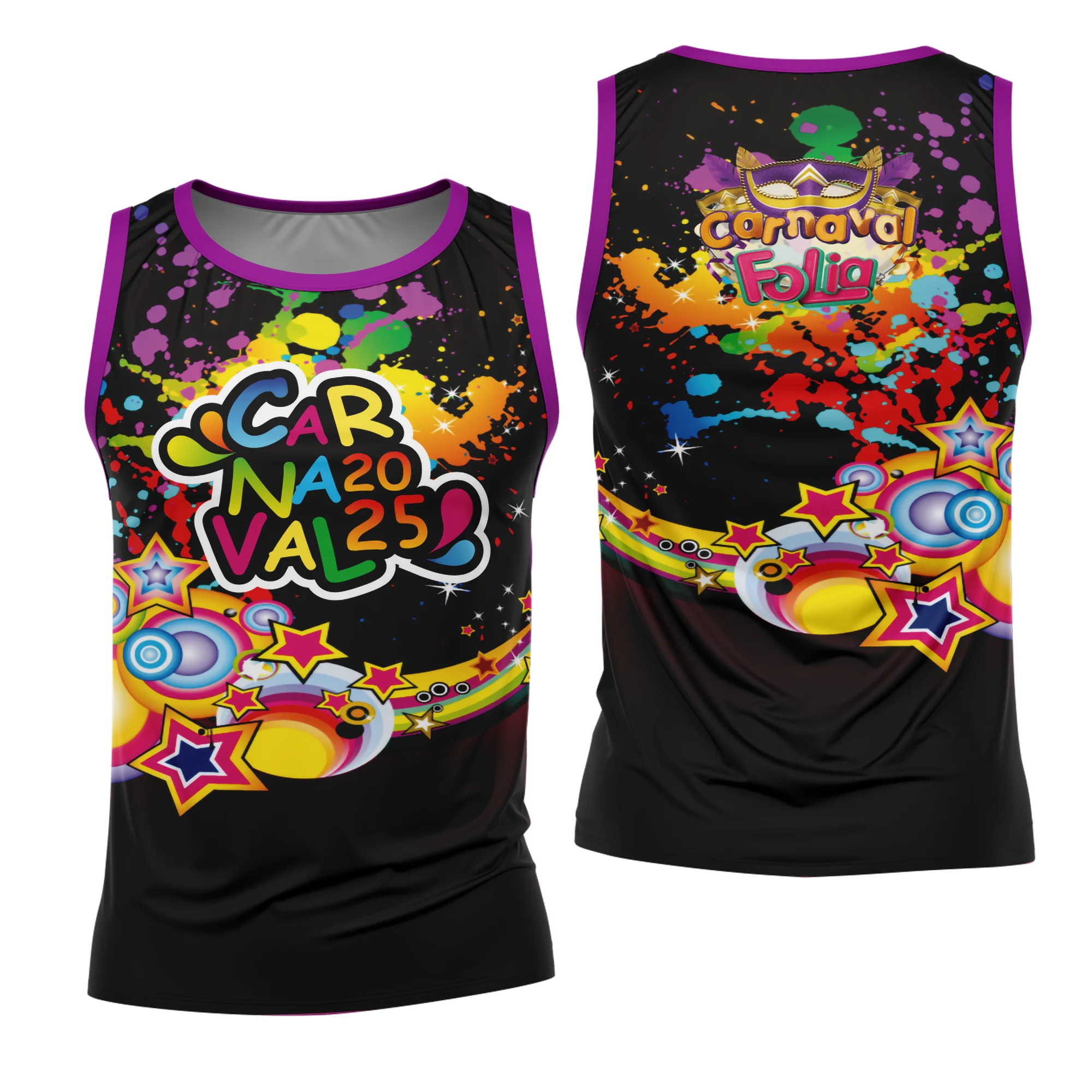 Camiseta unissex branca com logo no peito e estampa grande nas costas temática do Carnaval 2026, modelo 31, perfeita para festa e folia.