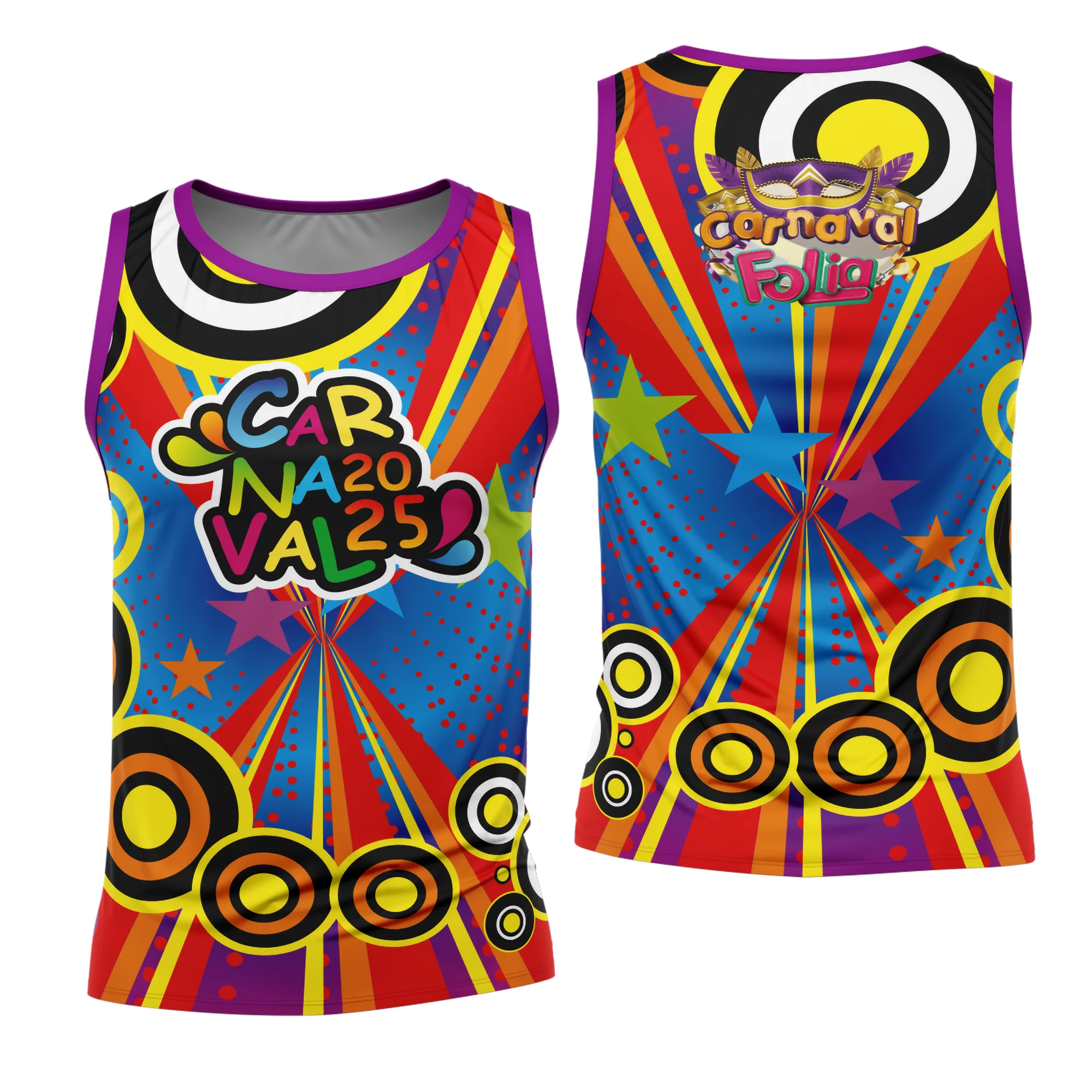 Camiseta unissex branca com logo no peito e estampa grande nas costas, tema Carnaval 2026 Modelo 34, design vibrante e alegre, perfeita para festas e blocos carnavalescos.