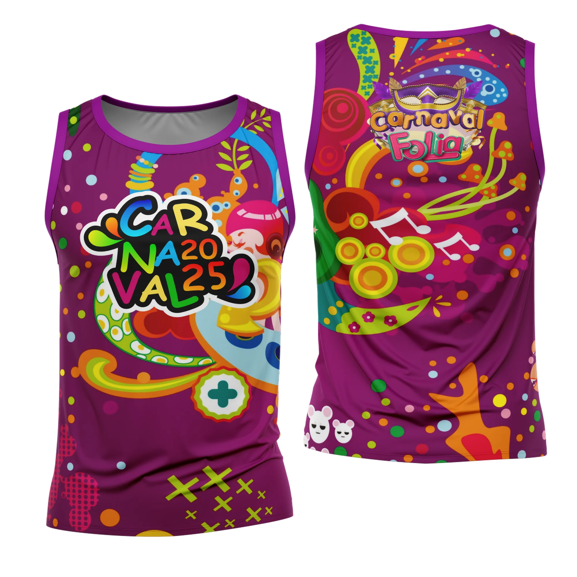 Camiseta unissex branca com logo no peito e estampa grande nas costas mostrando o tema Carnaval 2026, modelo 41, perfeita para festas e blocos carnavalescos.