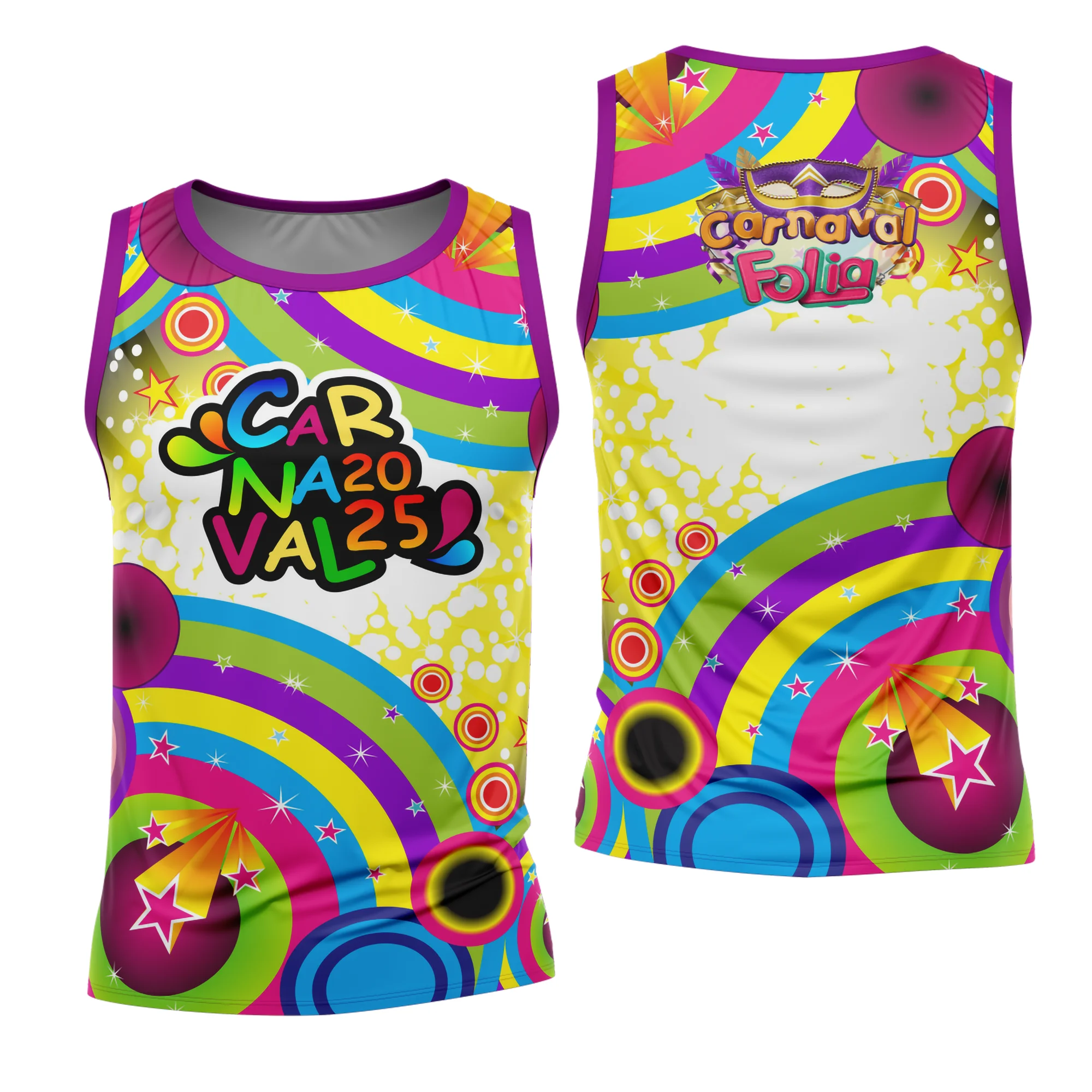 Camiseta unissex branca com logo no peito e estampa grande nas costas inspirada no Abadá de Carnaval 2026, modelo 50, combinando design vibrante e moderno para festa e folia.