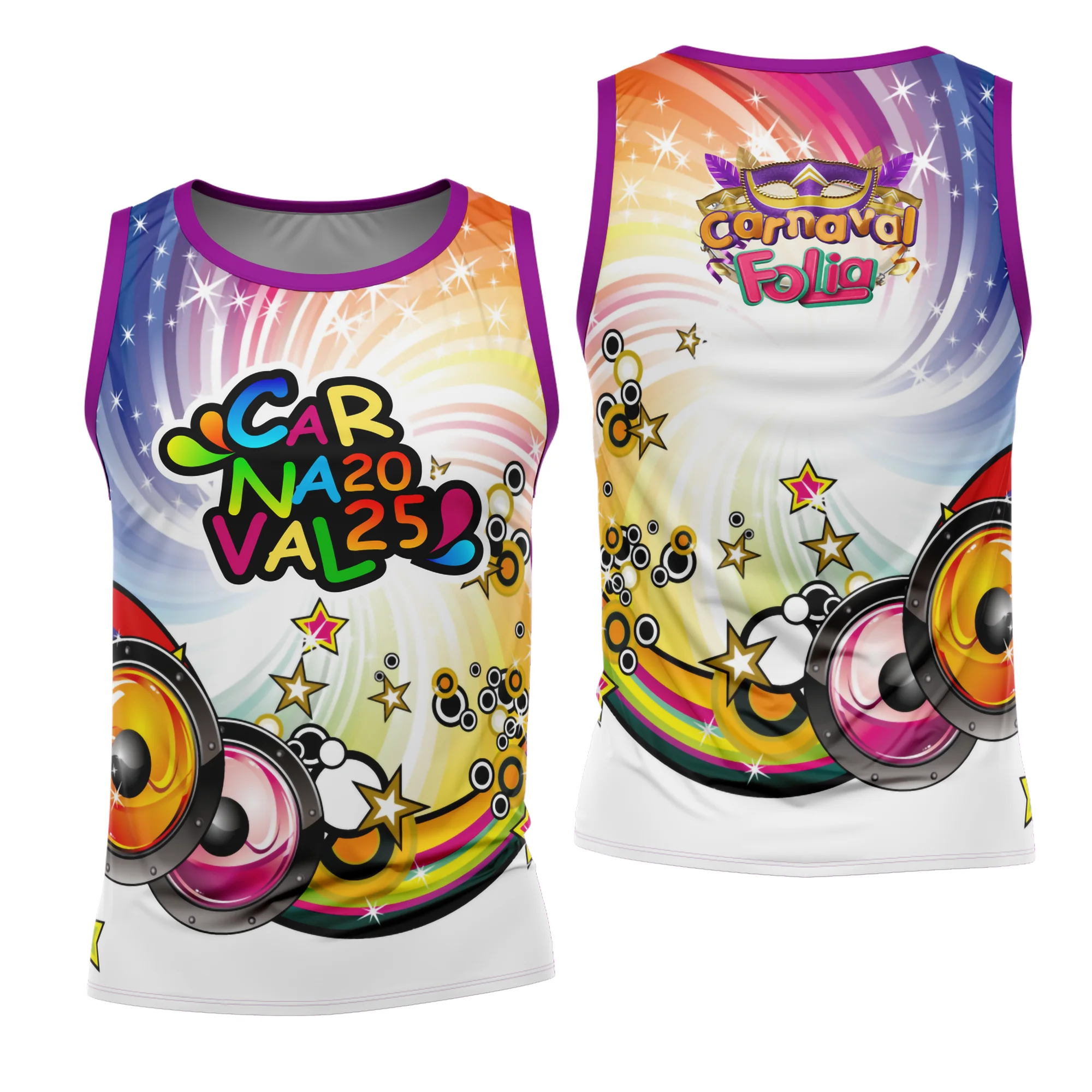 Camiseta unissex com cor base branca, logo no peito e estampa grande nas costas com tema Abadá Carnaval 2026 Modelo 51, design vibrante e festivo ideal para o carnaval.