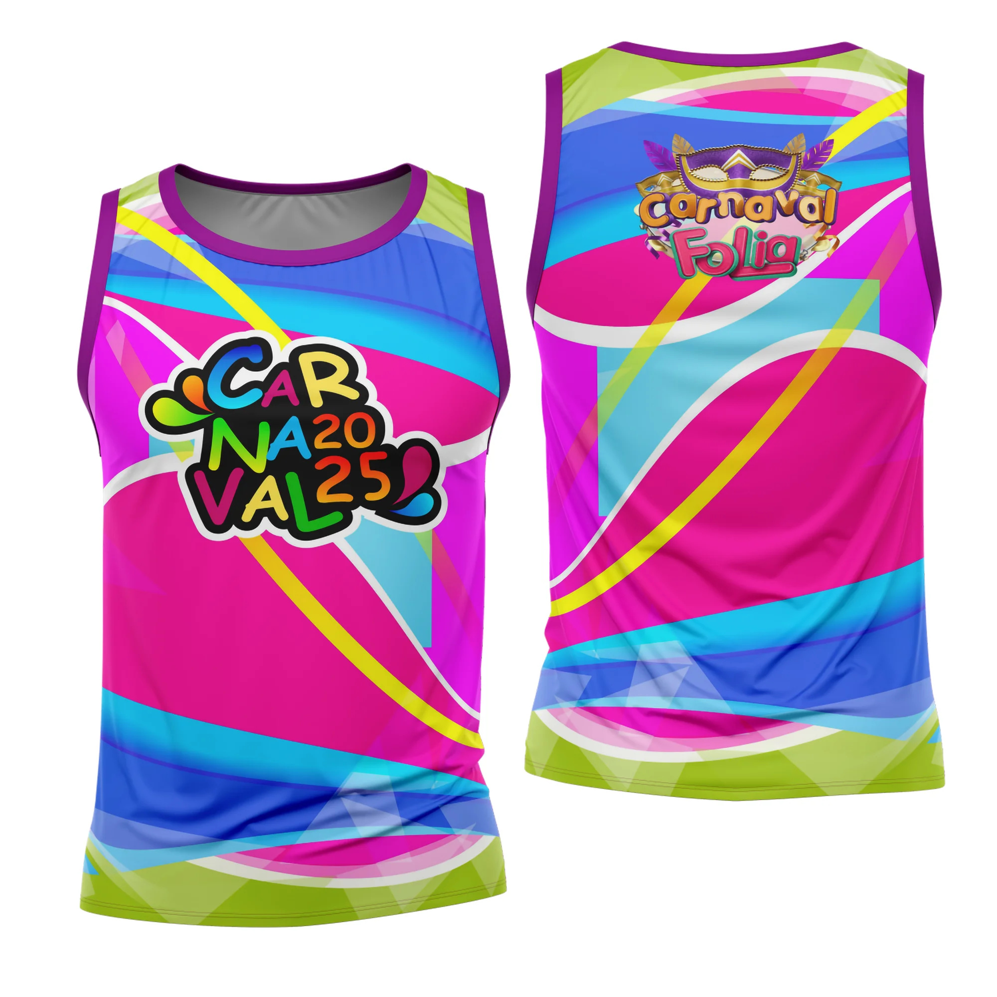 Camiseta unissex branca com logo no peito e estampa grande nas costas celebrando o Carnaval 2026, modelo 52 com cores vibrantes e detalhes que destacam alegria e festa.