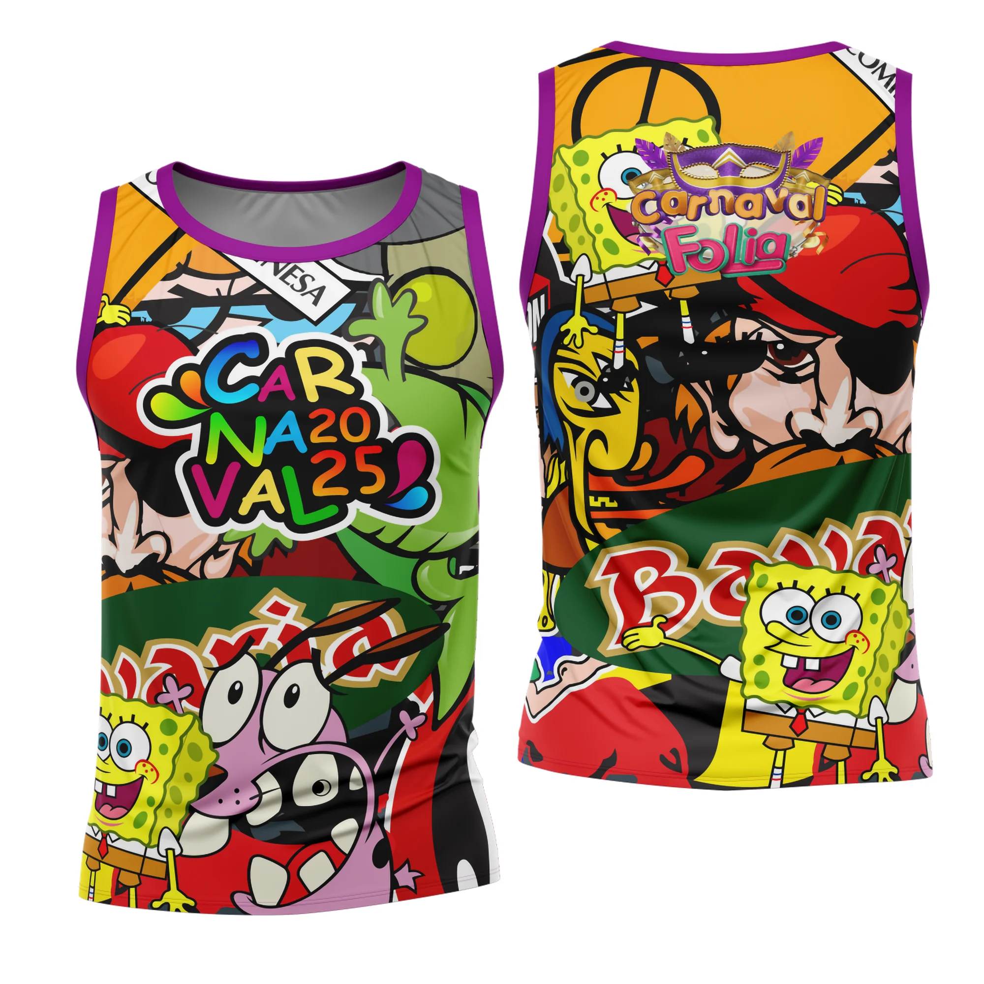 Camiseta unissex branca com logo no peito e estampa grande nas costas, tema Abadá Carnaval 2026 Modelo 58, ideal para festa e blocos de rua.