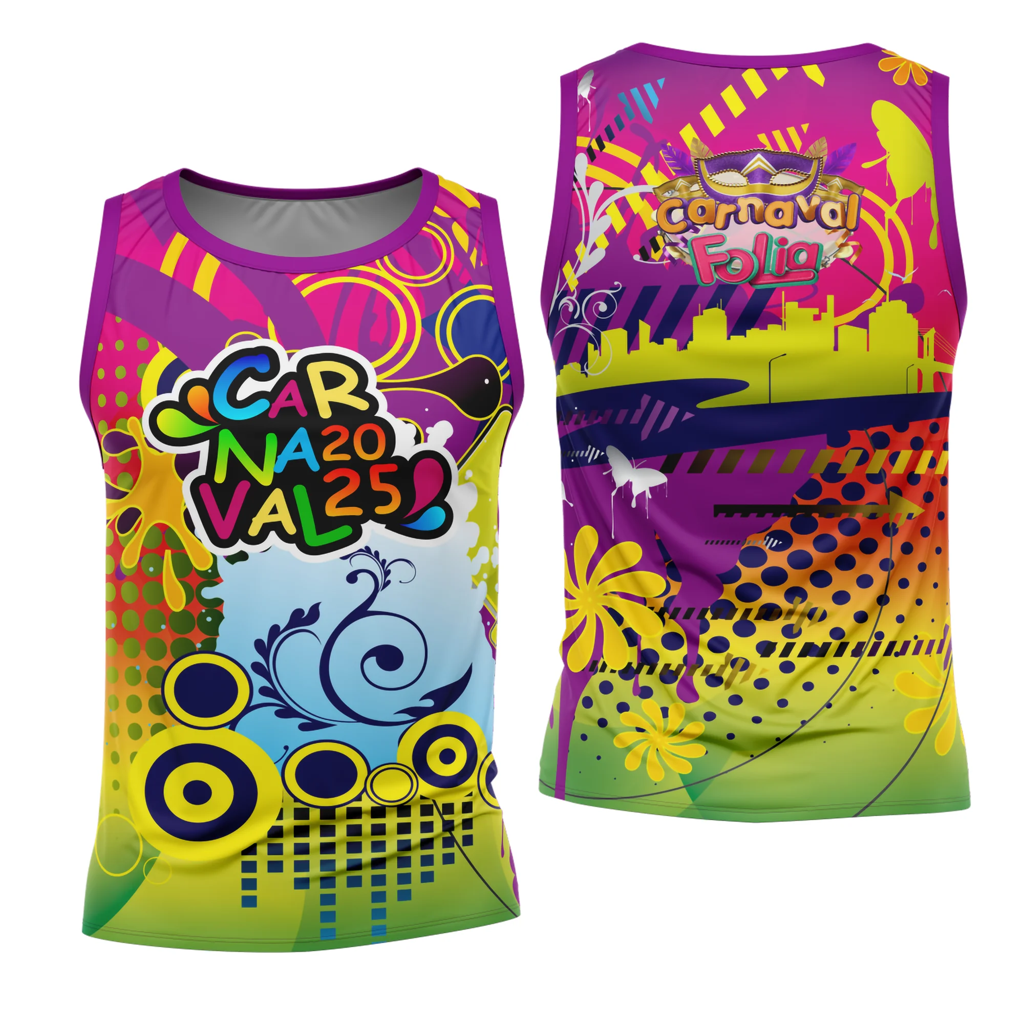 Camiseta unissex branca com logo no peito e estampa grande nas costas com tema Abadá Carnaval 2026 Modelo 62, design vibrante e colorido, perfeito para festas e blocos de rua.