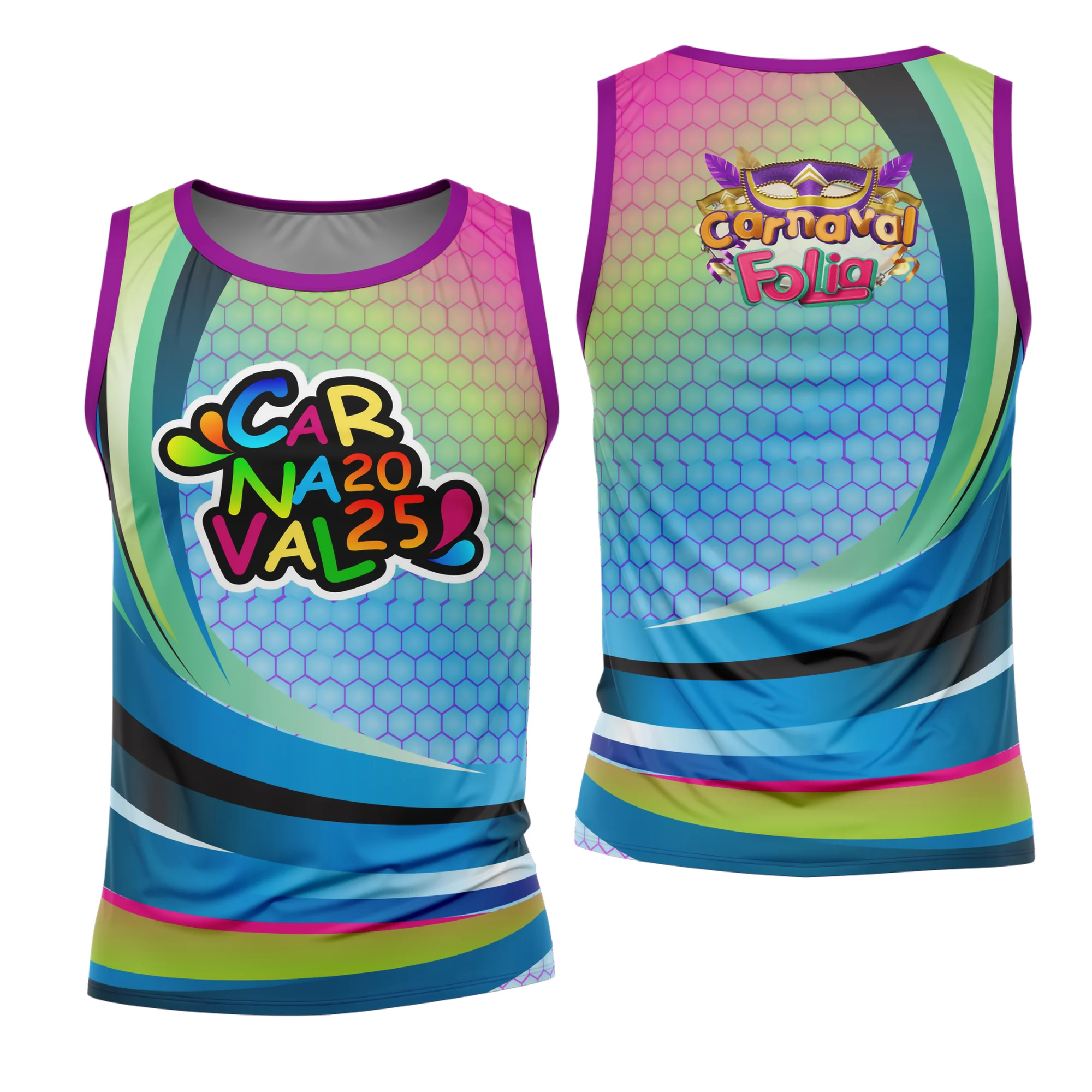 Camiseta unissex branca com logo no peito e estampa grande nas costas, tema Abadá Carnaval 2026 Modelo 65, design vibrante e alegre para festa e folia.