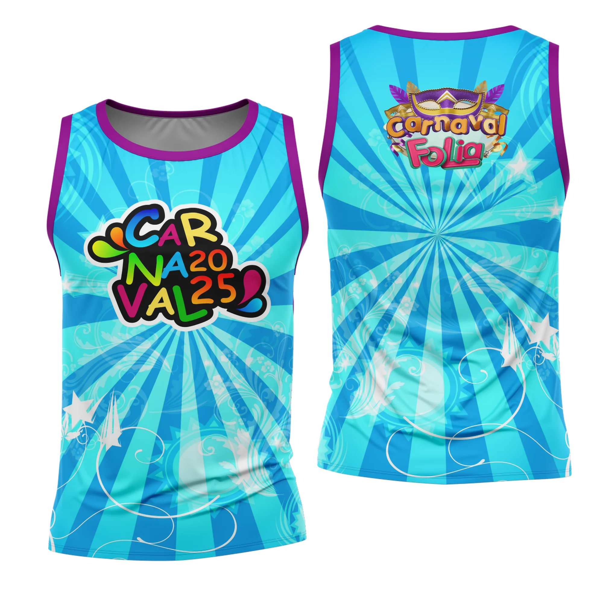 Camiseta unissex branca com logo no peito e estampa grande nas costas, tema Abadá Carnaval 2026 Modelo 70, ideal para festa e bloco, visual vibrante e alegre.