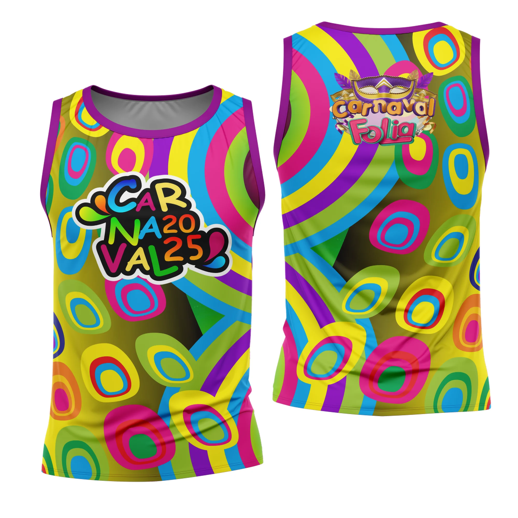 Camiseta preta unissex com logo no peito e estampa grande nas costas com tema Abadá Carnaval 2026, modelo 72 vibrante e colorido, ideal para festas e blocos de carnaval.