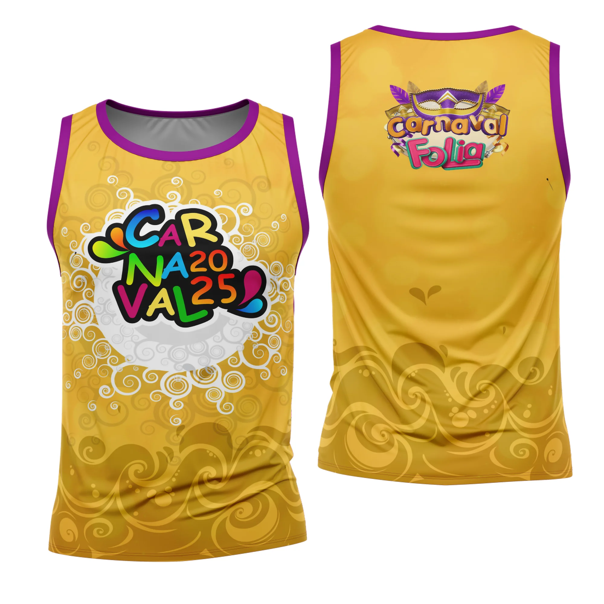 Camiseta unissex branca com logo no peito e estampa grande nas costas destacando o tema Abadá Carnaval 2026 Modelo 74, perfeita para folia e eventos festivos.