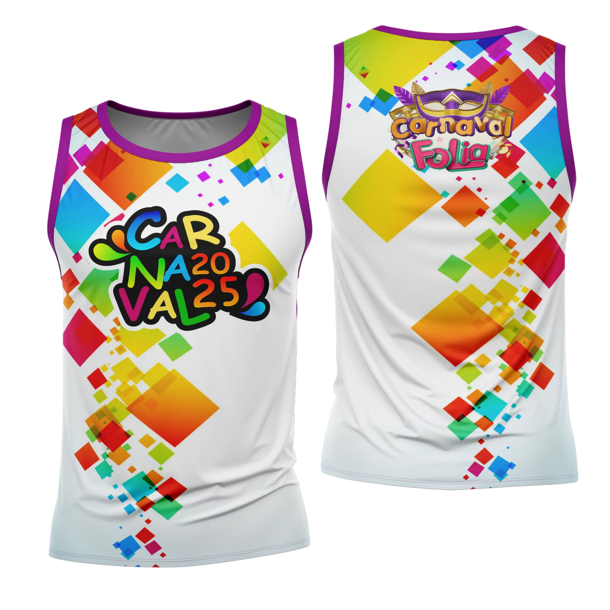 Camiseta unissex branca com logo no peito e estampa grande nas costas com tema Carnaval 2026 Modelo 76, perfeita para folia e conforto no Carnaval.