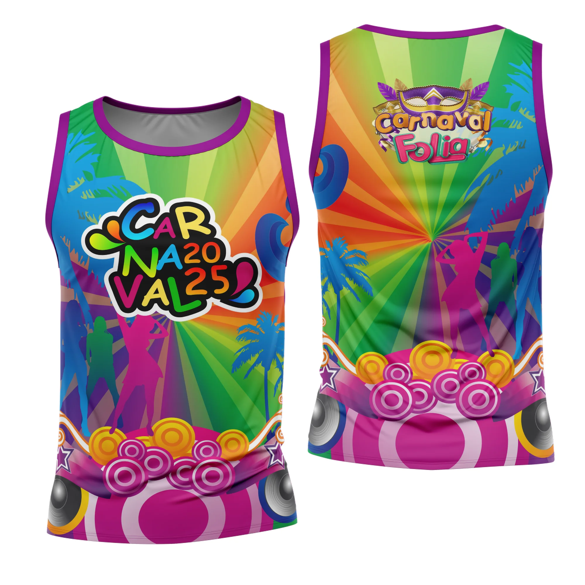 Camiseta unissex branca com logo no peito e estampa grande nas costas inspirada no Abadá do Carnaval 2026, design moderno e vibrante ideal para festas e blocos.