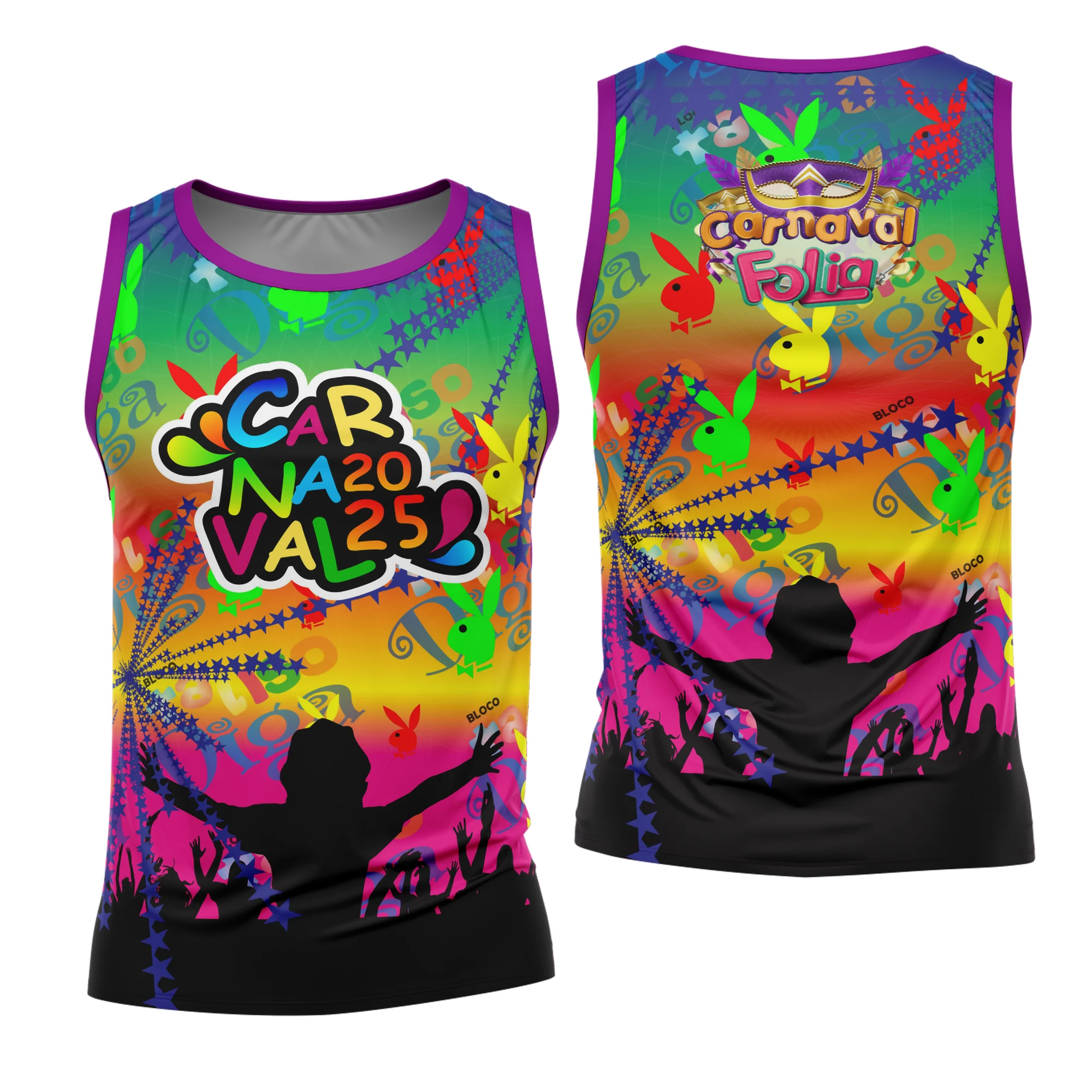 Camiseta unissex branca com logo no peito e estampa grande nas costas inspirada na camisa Abadá Carnaval 2026 Modelo 97, ideal para curtir o Carnaval com estilo e conforto.