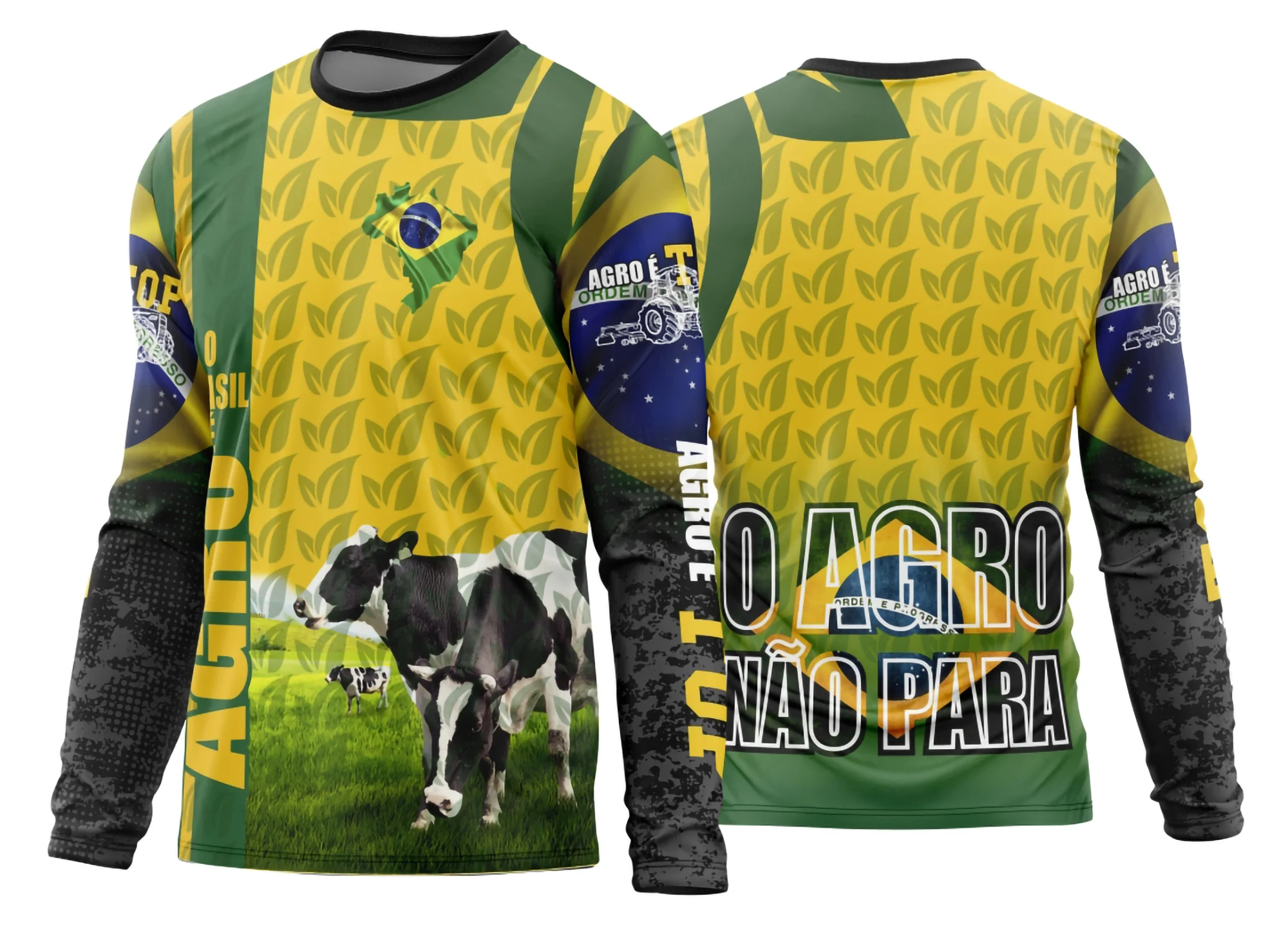 Camiseta unissex preta com logo no peito e estampa grande nas costas com tema Agro 2026, modelo manga longa, ideal para quem ama o universo do campo e estilos exclusivos.