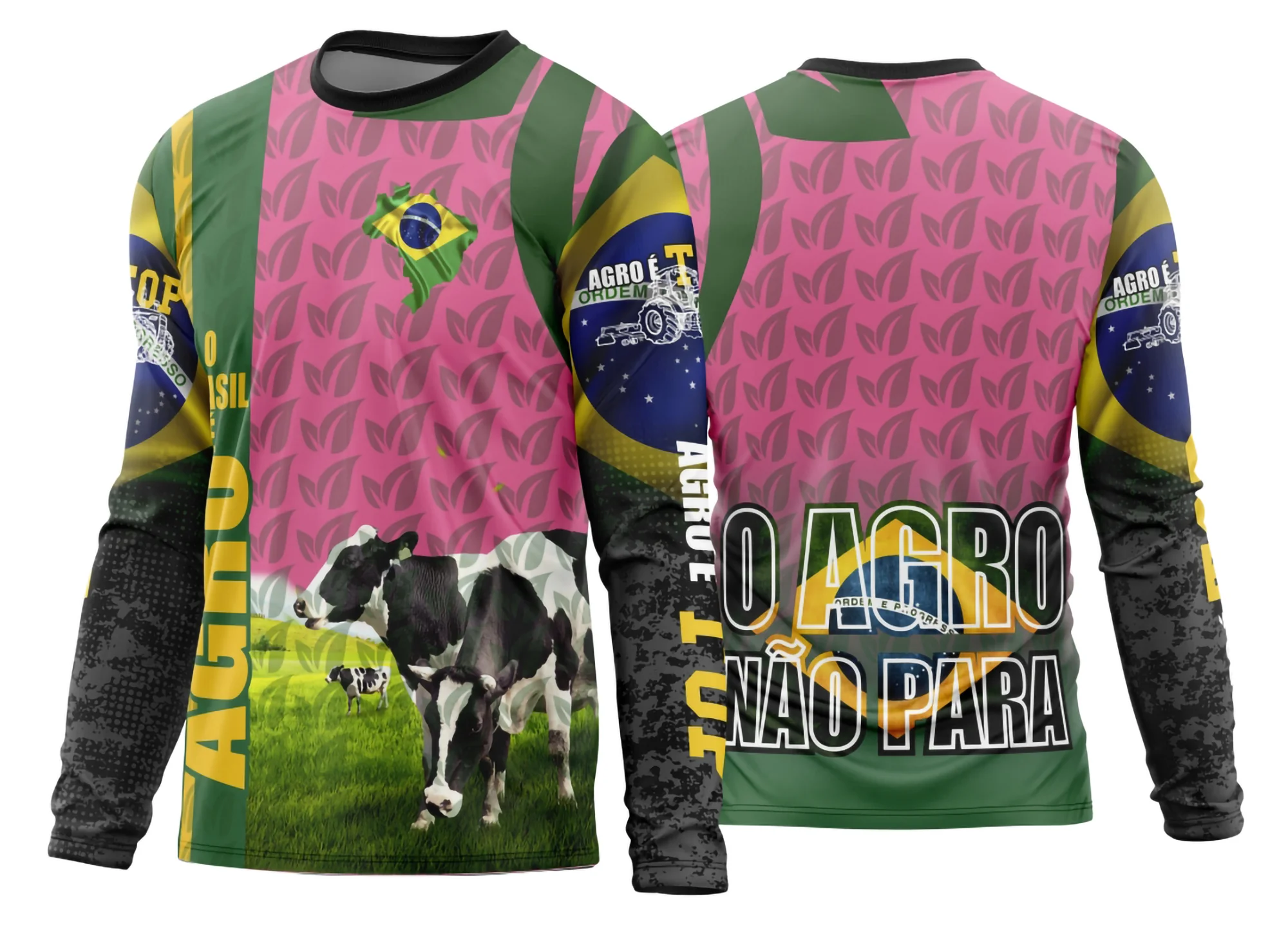 Camiseta unissex preta com logo no peito e estampa grande nas costas com tema Agro 2026, manga longa, perfeita para quem curte o estilo campo e vida rural.