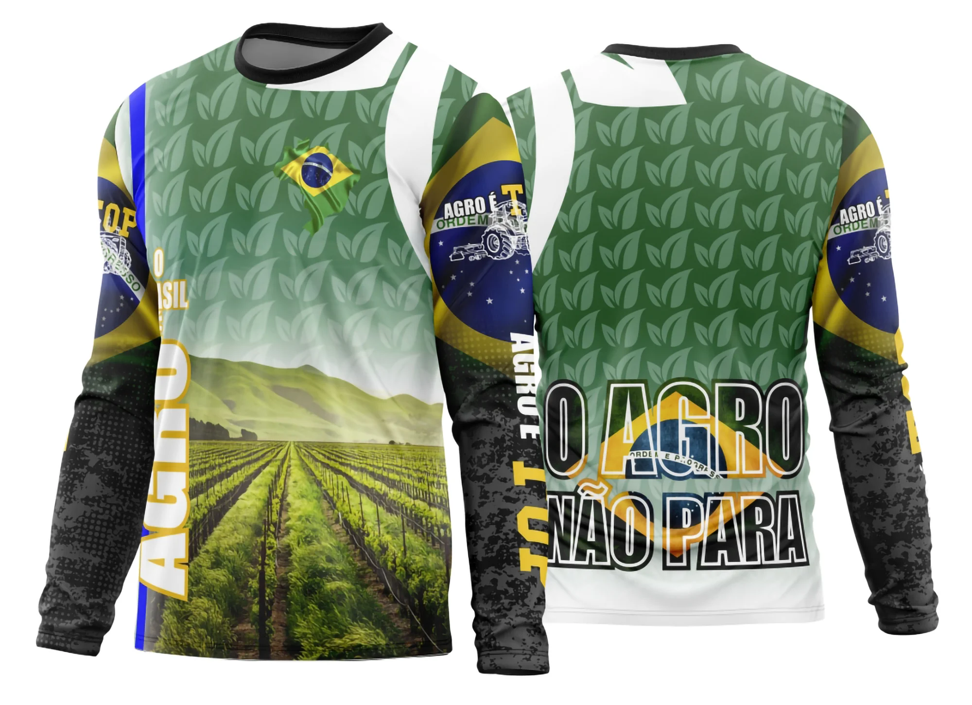 Camiseta unissex preta com logo no peito e estampa grande nas costas, tema Agro 2026, manga longa, ideal para quem ama o campo e estilo rústico moderno.