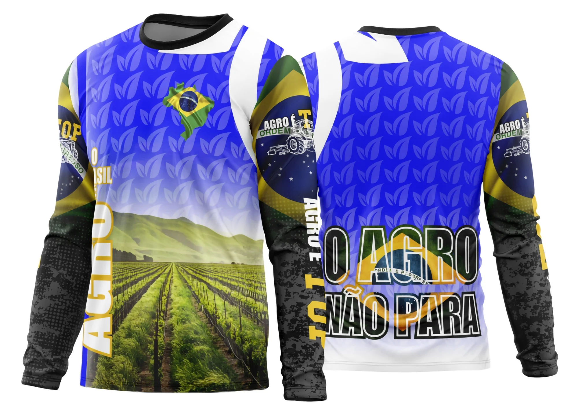 Camiseta unissex preta com logo no peito e estampa grande nas costas com tema Agro 2026, modelo 22, perfeita para quem gosta de estilo rural e conforto em manga longa.