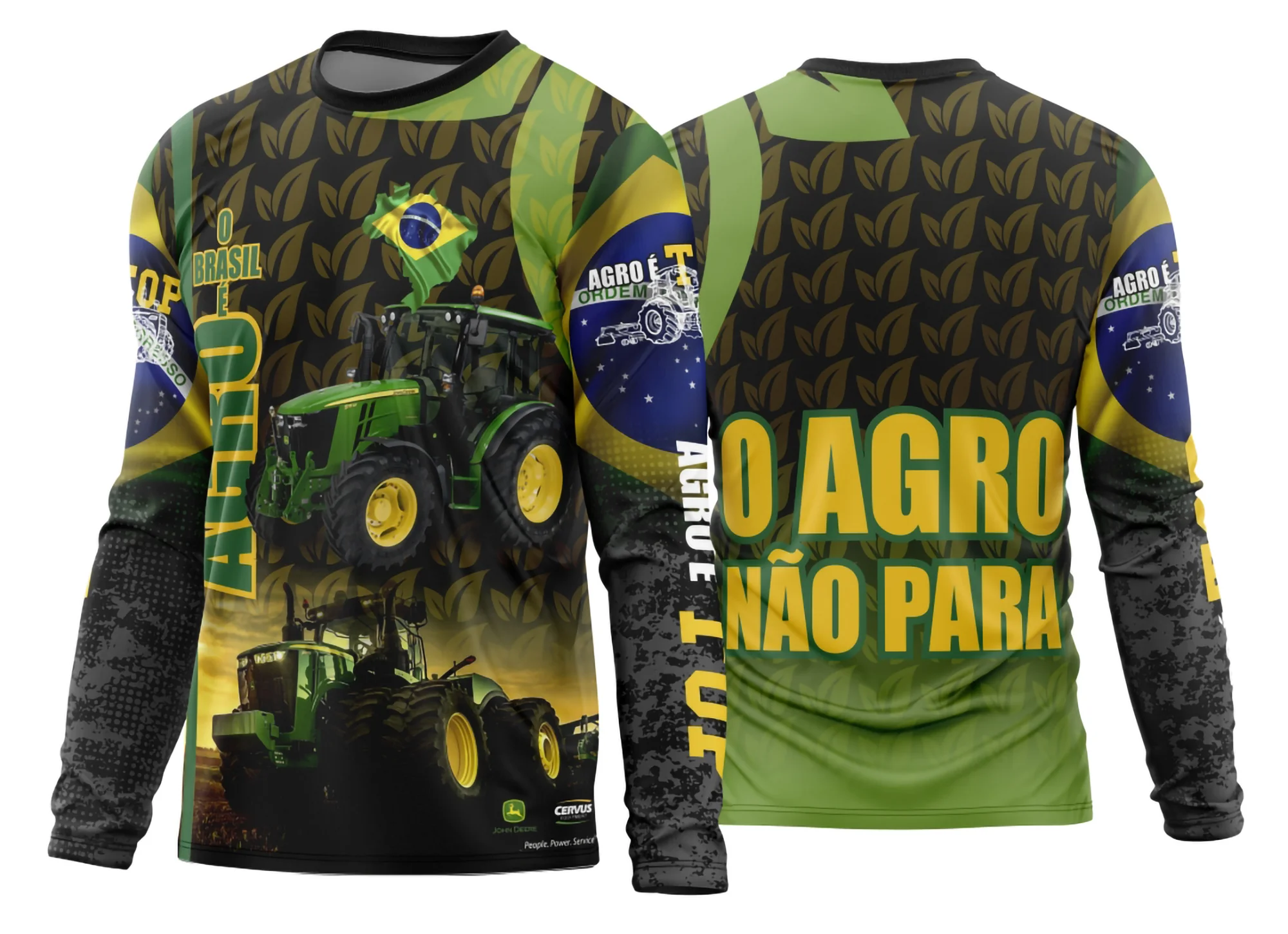 Camisa manga longa unissex na cor preta com logo no peito e estampa grande nas costas temática Agro 2026, design moderno e confortável para o campo e eventos rurais.