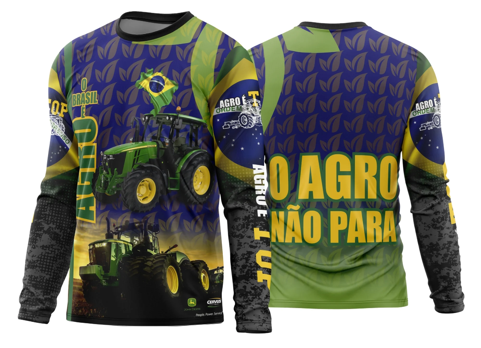 Camiseta manga longa unissex preta com logo no peito e estampa grande nas costas com tema Agro 2026, ideal para quem gosta de estilo rural e conforto.