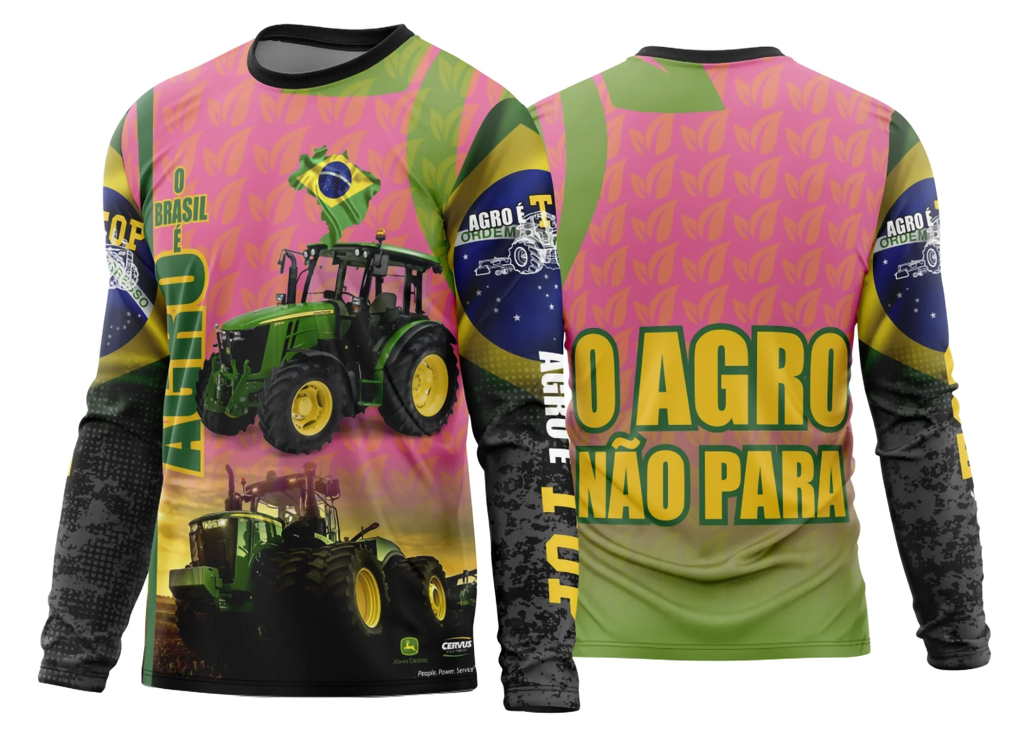 Camiseta unissex preta com logo no peito e estampa grande nas costas, temática Agro 2026, opção ideal para quem busca estilo e conforto em manga longa.