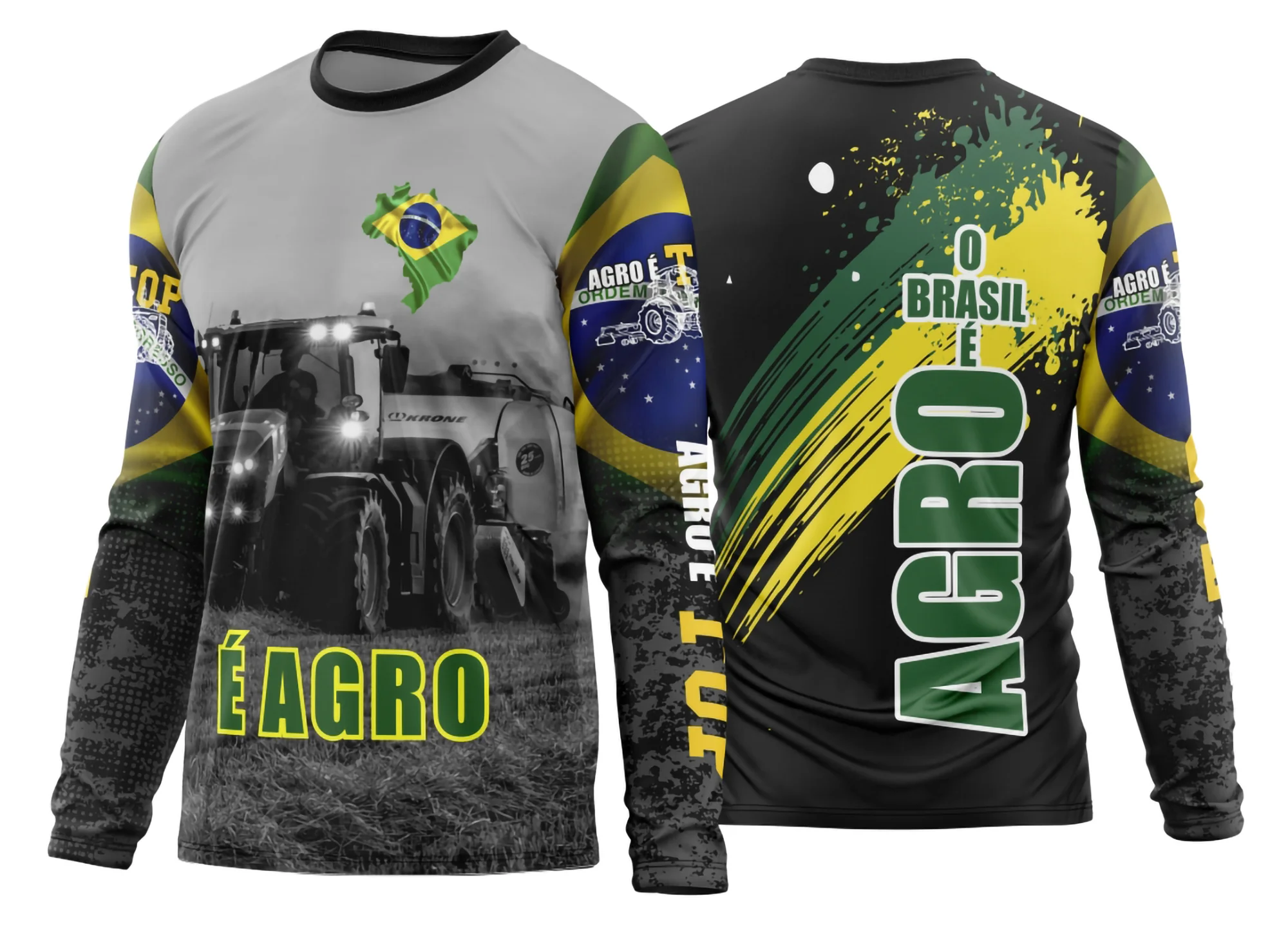 Camisa manga longa preta unissex com logo no peito e estampa grande nas costas sobre tema agro 2026, modelo 37, design moderno e visual impactante.