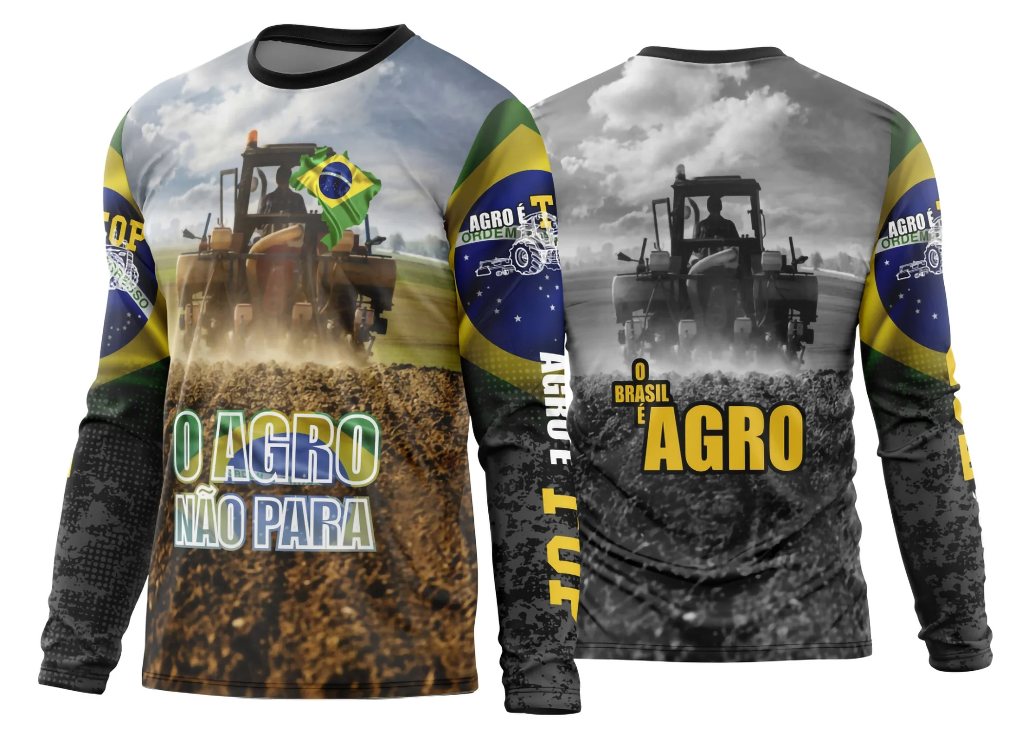 Camiseta unissex preta com logo no peito e estampa grande nas costas destacando o tema Agro 2026, modelo manga longa, ideal para quem gosta do estilo rural moderno.