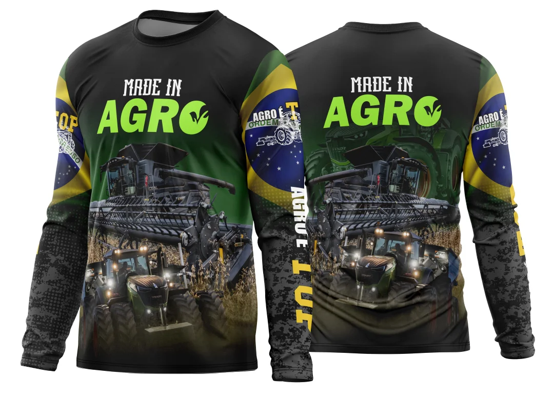 Camiseta unissex branca com logo no peito e estampa grande nas costas com máquinas agrícolas do Agro 2026, perfeita para fãs do campo e da tecnologia no setor agrícola.