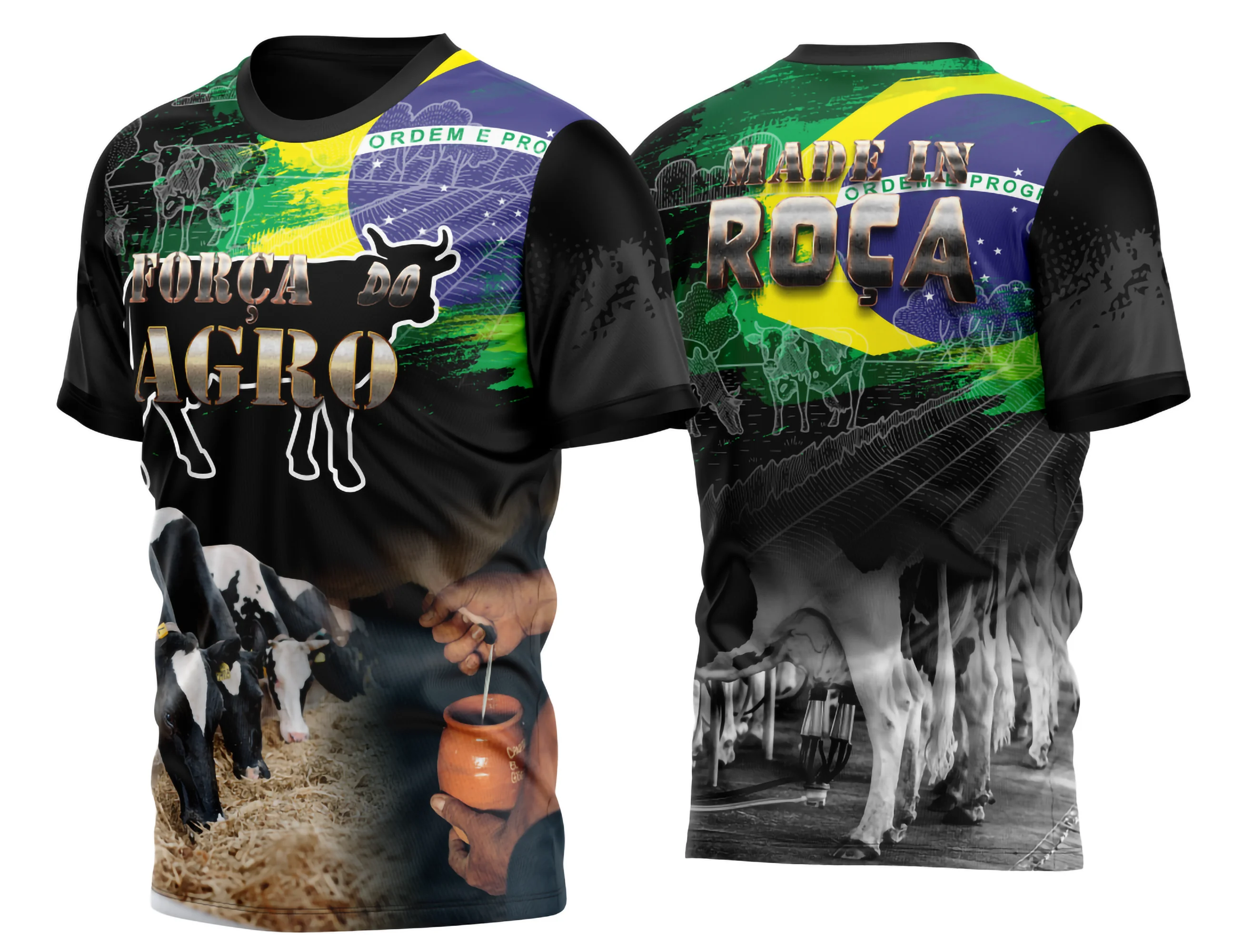 Camiseta unissex preta com logo no peito e estampa grande nas costas mostrando tema agro 2026, design moderno e marcante perfeito para quem ama o campo.