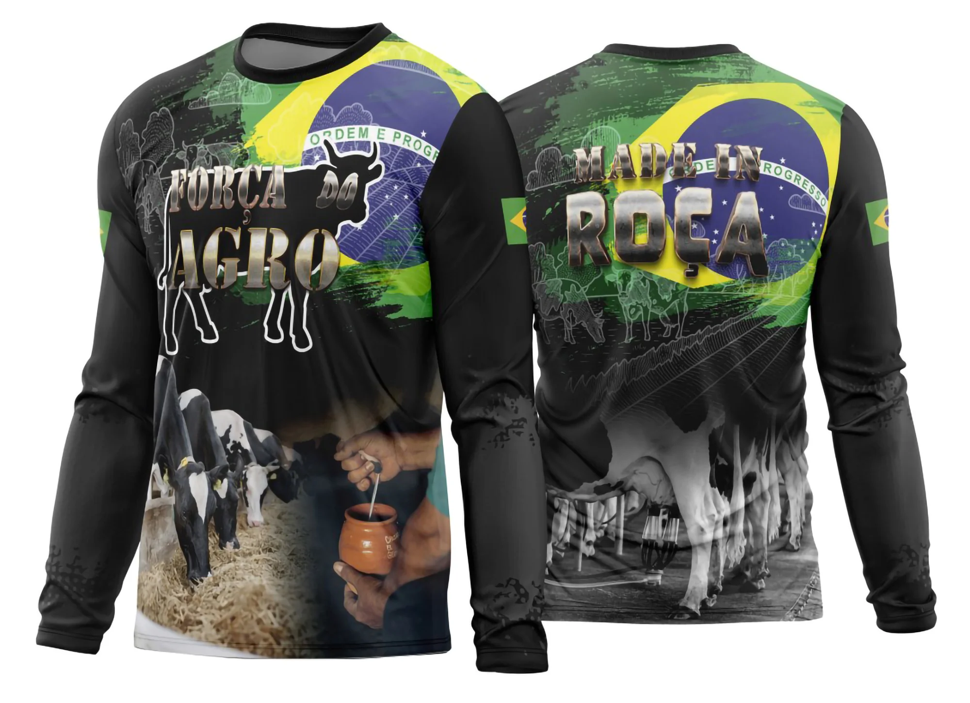 Camiseta unissex preta com logo no peito e estampa grande nas costas com tema Agro 2026, modelo 01, manga longa, perfeita para quem ama o campo.