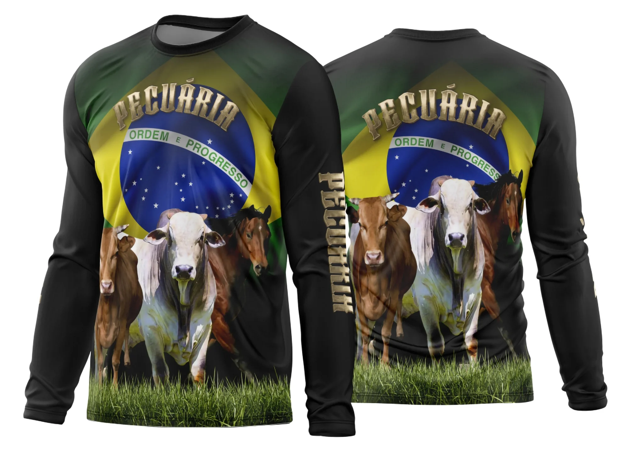 Camiseta unissex preta com logo no peito e estampa grande nas costas destacando tema Agro 2026, manga longa, design moderno e estilo rústico para amantes do campo.