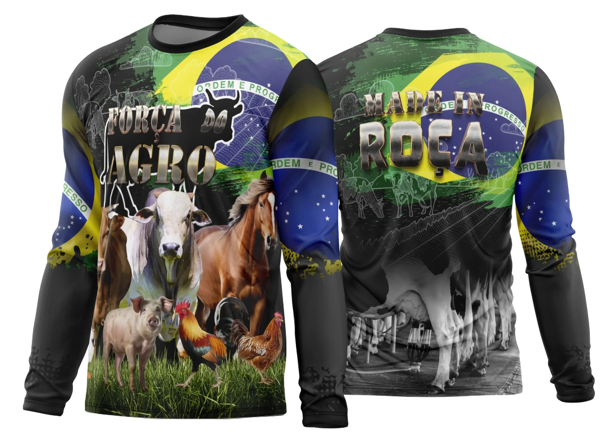 Foto de camiseta unissex preta, com logo no peito e estampa grande nas costas, temática Agro 2026, modelo 03, estilo manga longa, perfeita para visual moderno e rural.